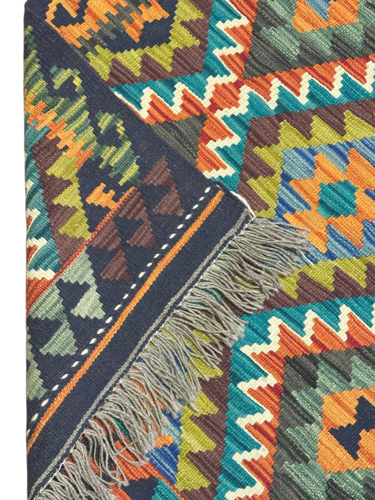 Afghan Kilim Runner 3x12, Navy, Teal & Rust, Diamond Lattice Wool Flatweave, view 3