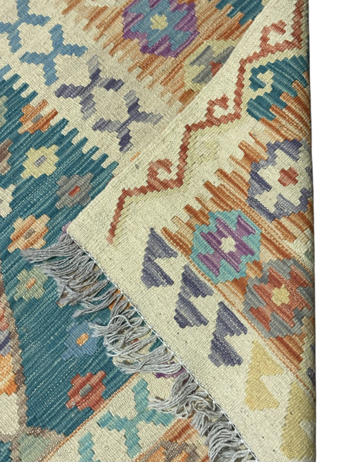 Afghan Kilim Rug 7x10, Beige, Teal & Rust, Hand-Woven Wool Flatweave, view 3