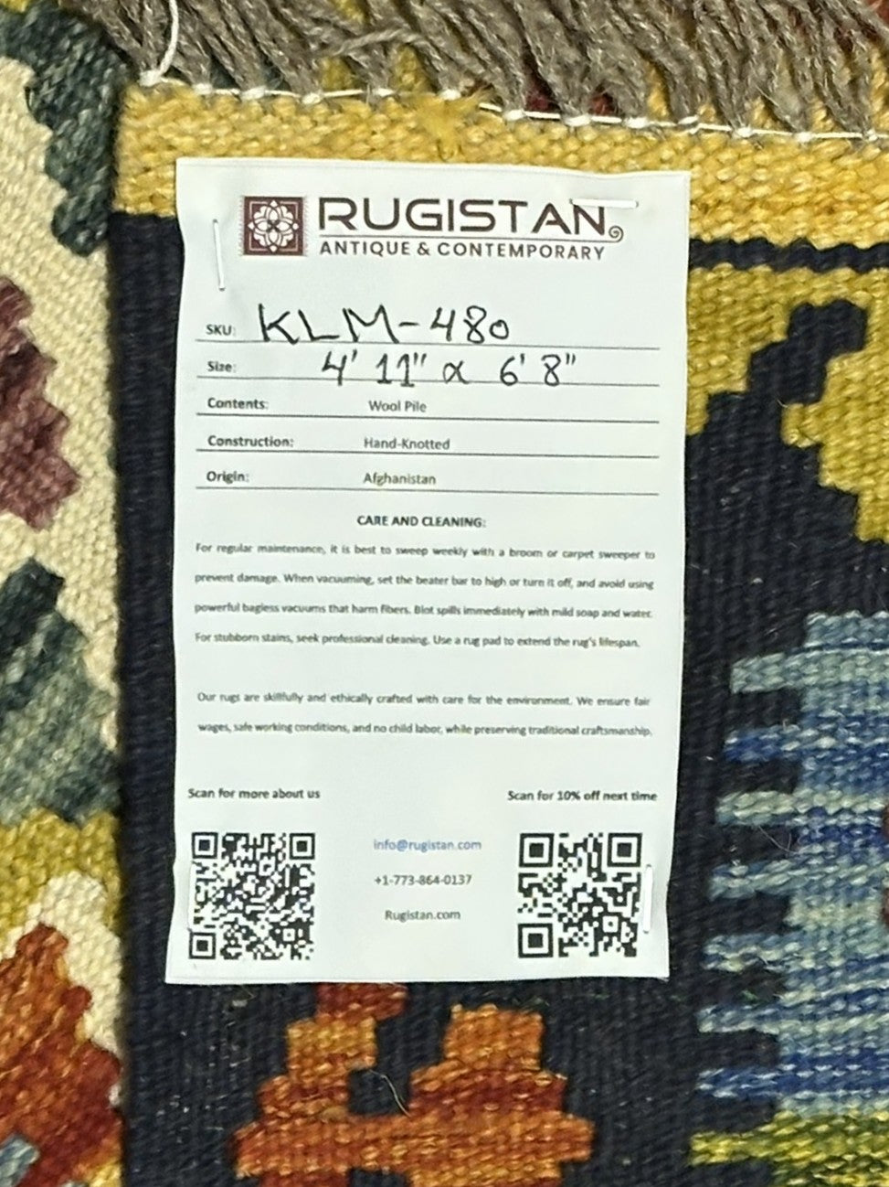 Afghan Kilim Rug 5x7, Gold, Navy & Rust, Hand-Woven Wool Flatweave, view 4