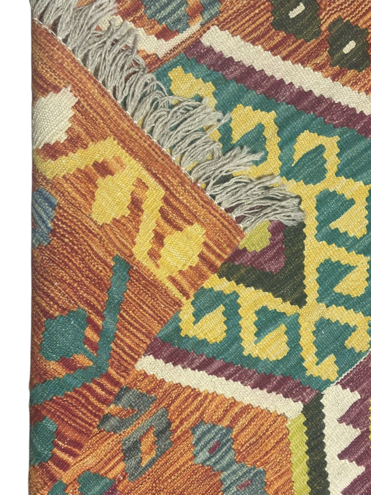 Afghan Kilim Runner 3x10, Orange, Teal & Yellow, Hand-Woven Wool Flatweave, view 3