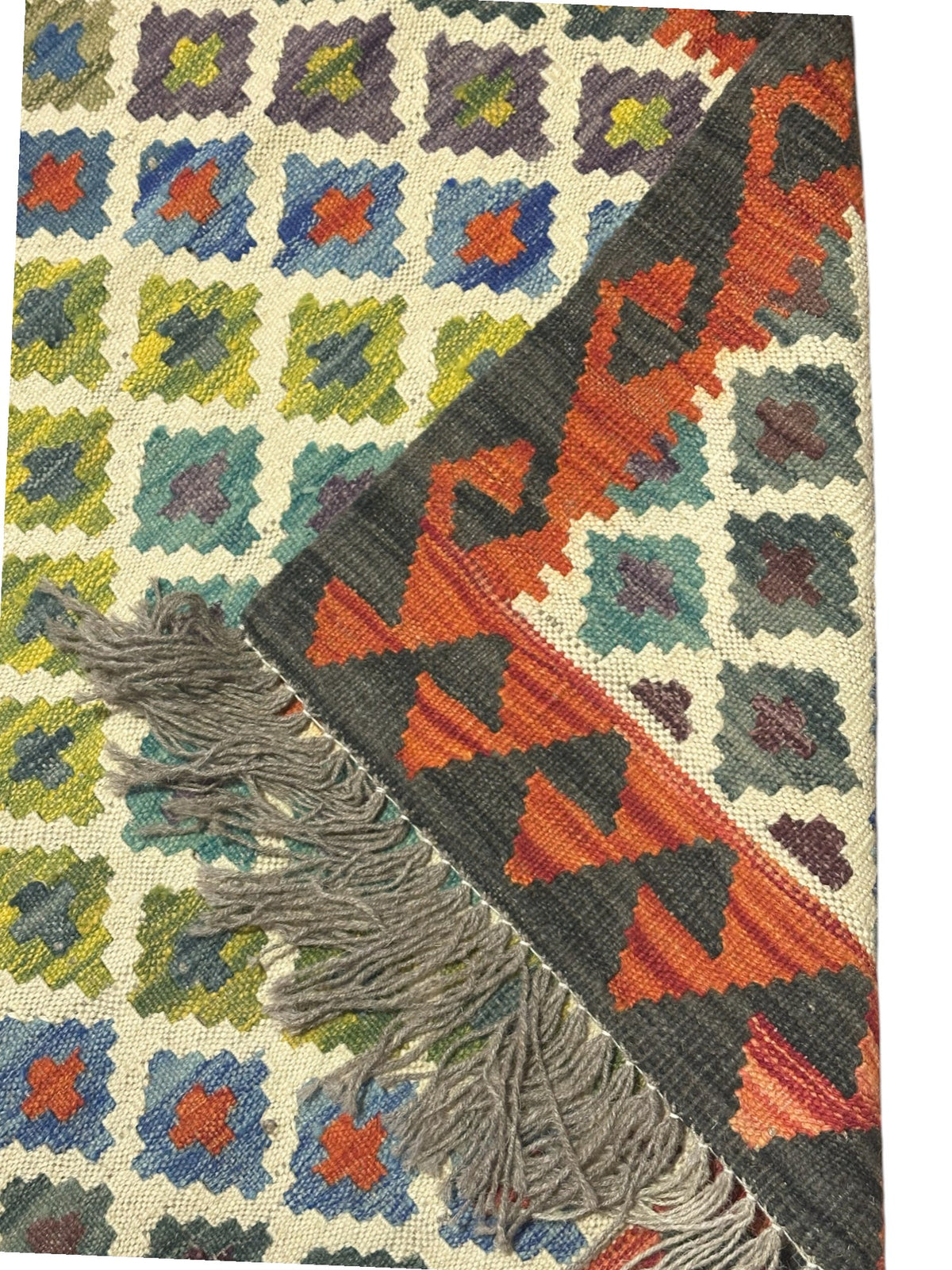 Afghan Kilim Runner 3x10, Ivory, Rust & Teal, Diamond Lattice Wool Flatweave, view 3