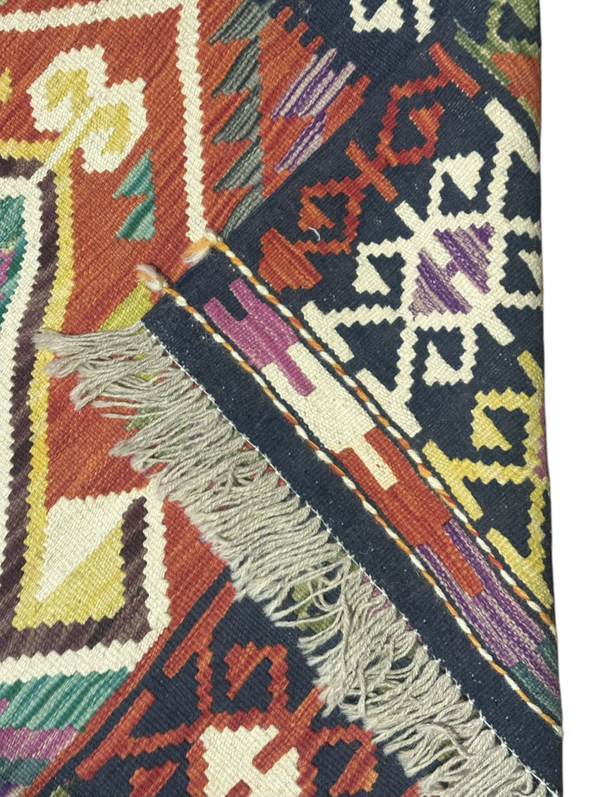 Afghan Kilim Rug 5x6, Rust, Navy & Olive Green, Hand-Woven Wool Flatweave, view 3