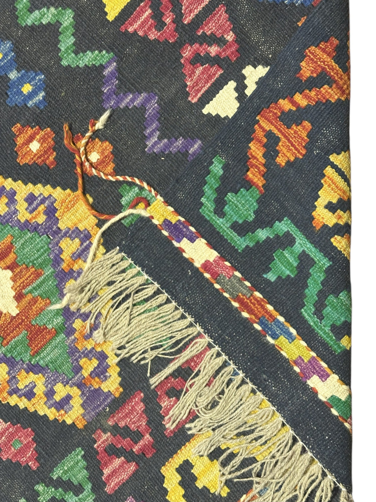 Afghan Kilim Rug 5x6, Navy, Green & Yellow, Hand-Woven Wool Flatweave, view 3