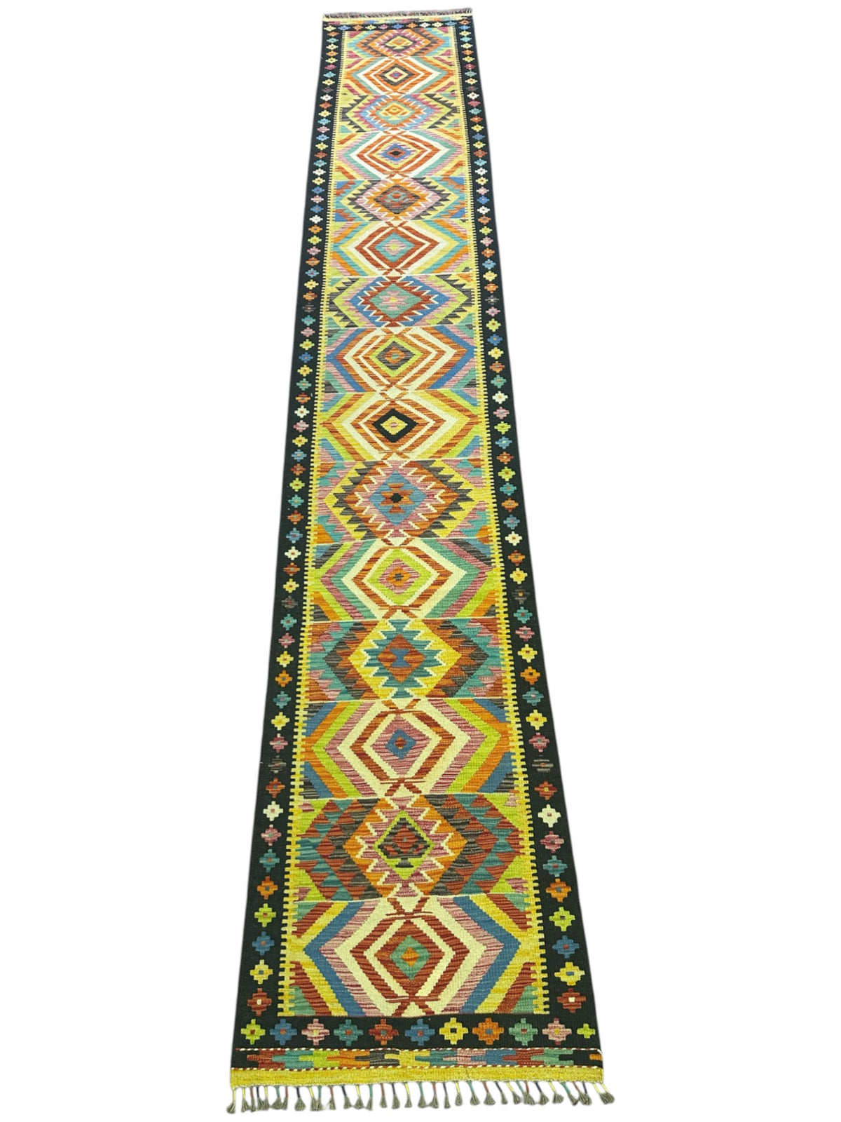 Afghan Kilim Runner 3x16, Gold, Black & Rust, Hand-Woven Wool Flatweave, view 2