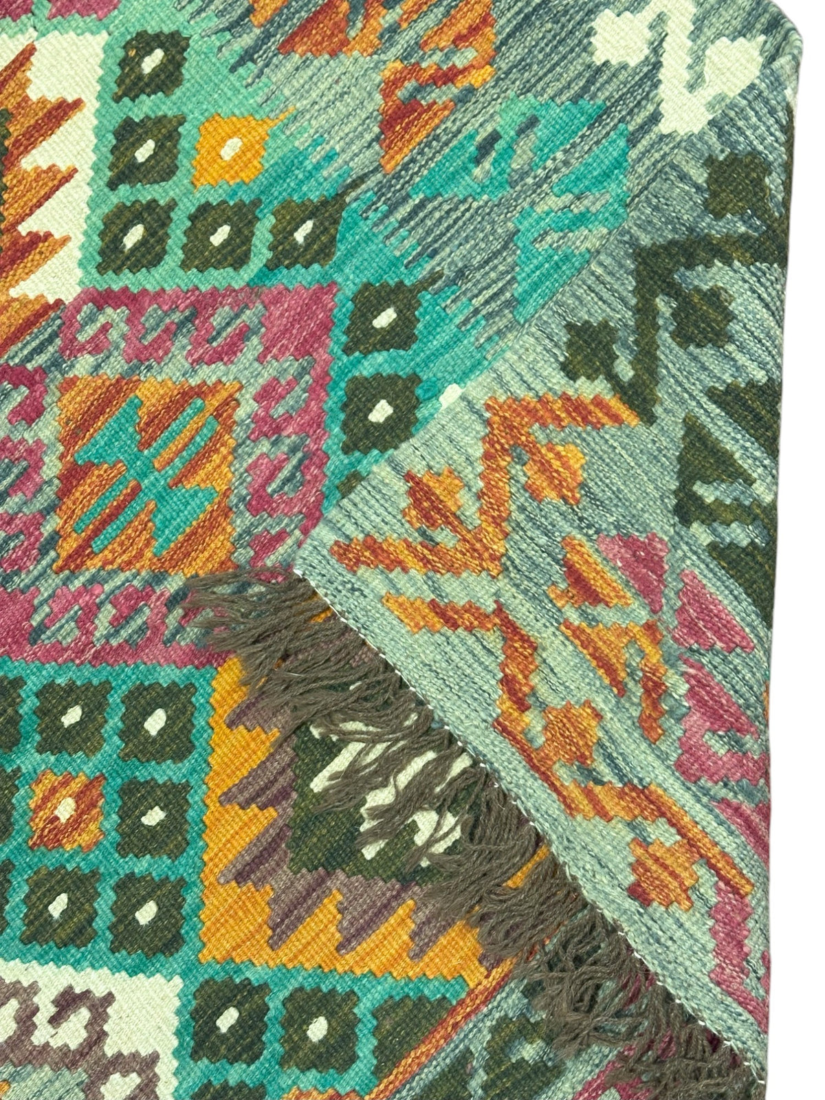 Afghan Kilim Rug 5x7, Teal, Pink & Gold, Hand-Woven Wool Flatweave, view 3