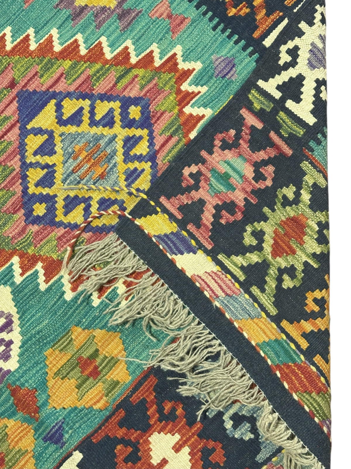 Afghan Kilim Rug 5x6, Teal, Navy & Rust, Hand-Woven Wool Flatweave, view 3