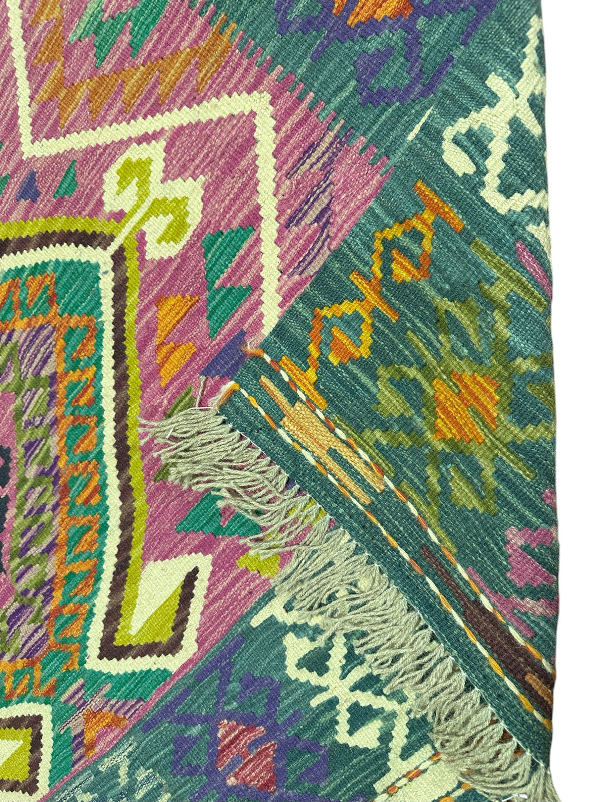 Afghan Kilim Rug 5x7, Teal, Pink & Green, Hand-Woven Wool Flatweave, view 3
