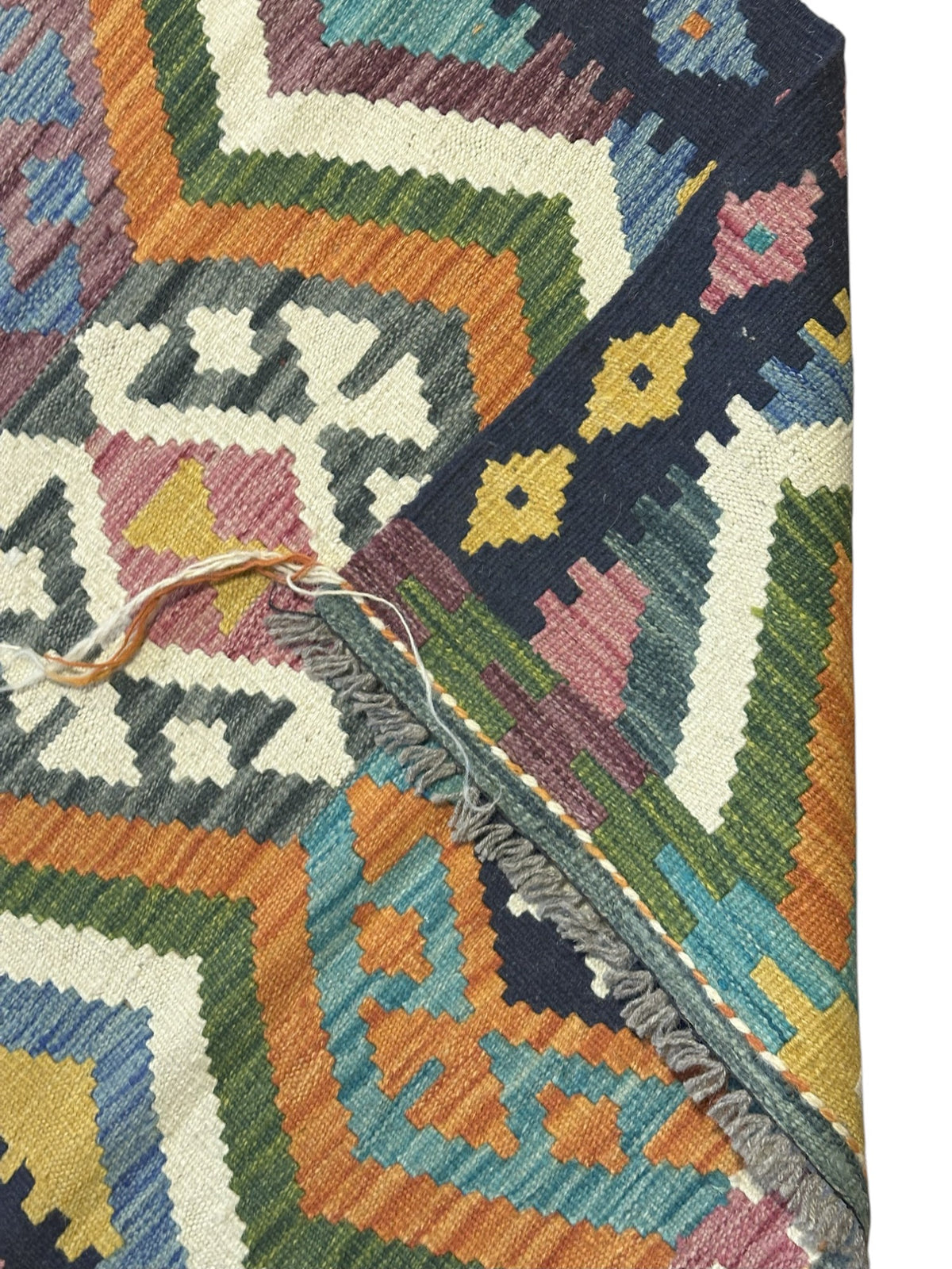Afghan Kilim Rug 3x4, Navy, Orange & Ivory, Hand-Woven Wool Flatweave, view 3