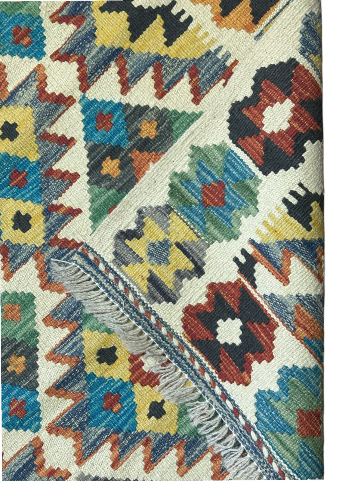 Afghan Kilim Rug 3x4, Ivory, Teal & Gold, Hand-Woven Wool Flatweave, view 3