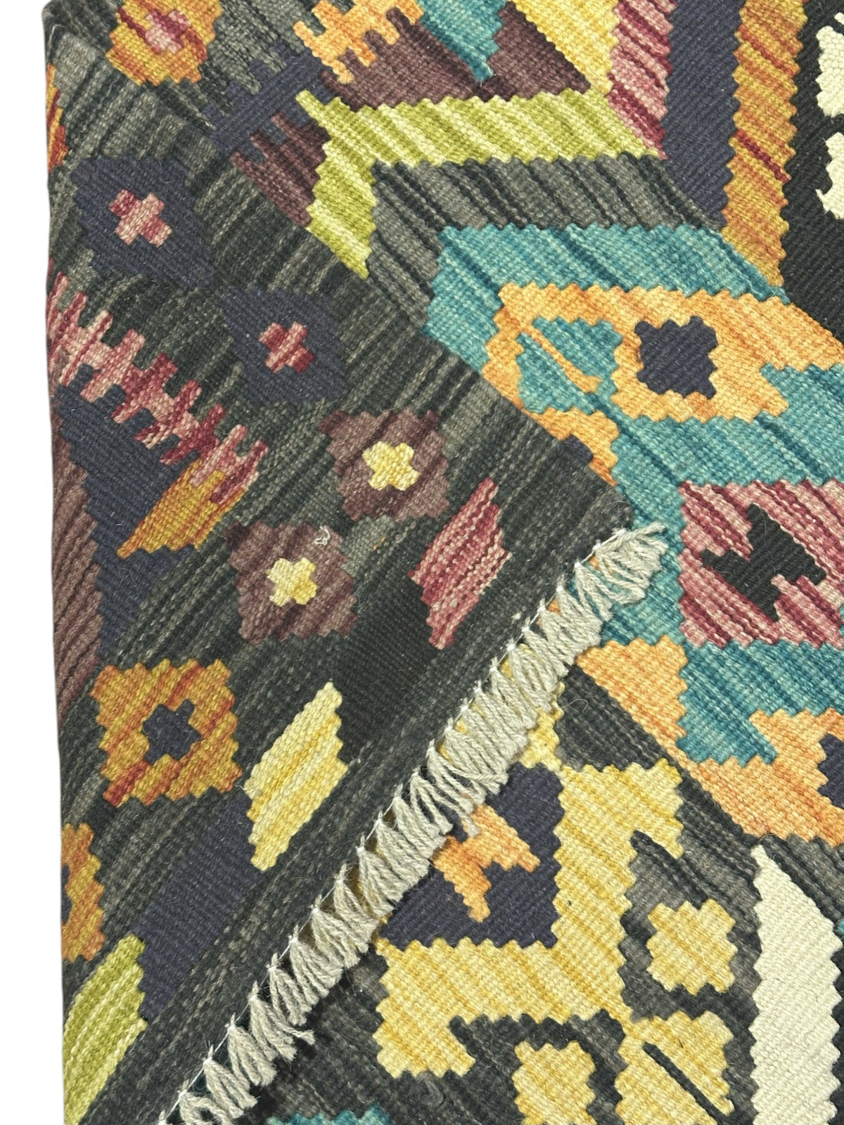Afghan Kilim Rug 3x4, Black, Teal & Orange, Hand-Woven Wool Flatweave, view 3