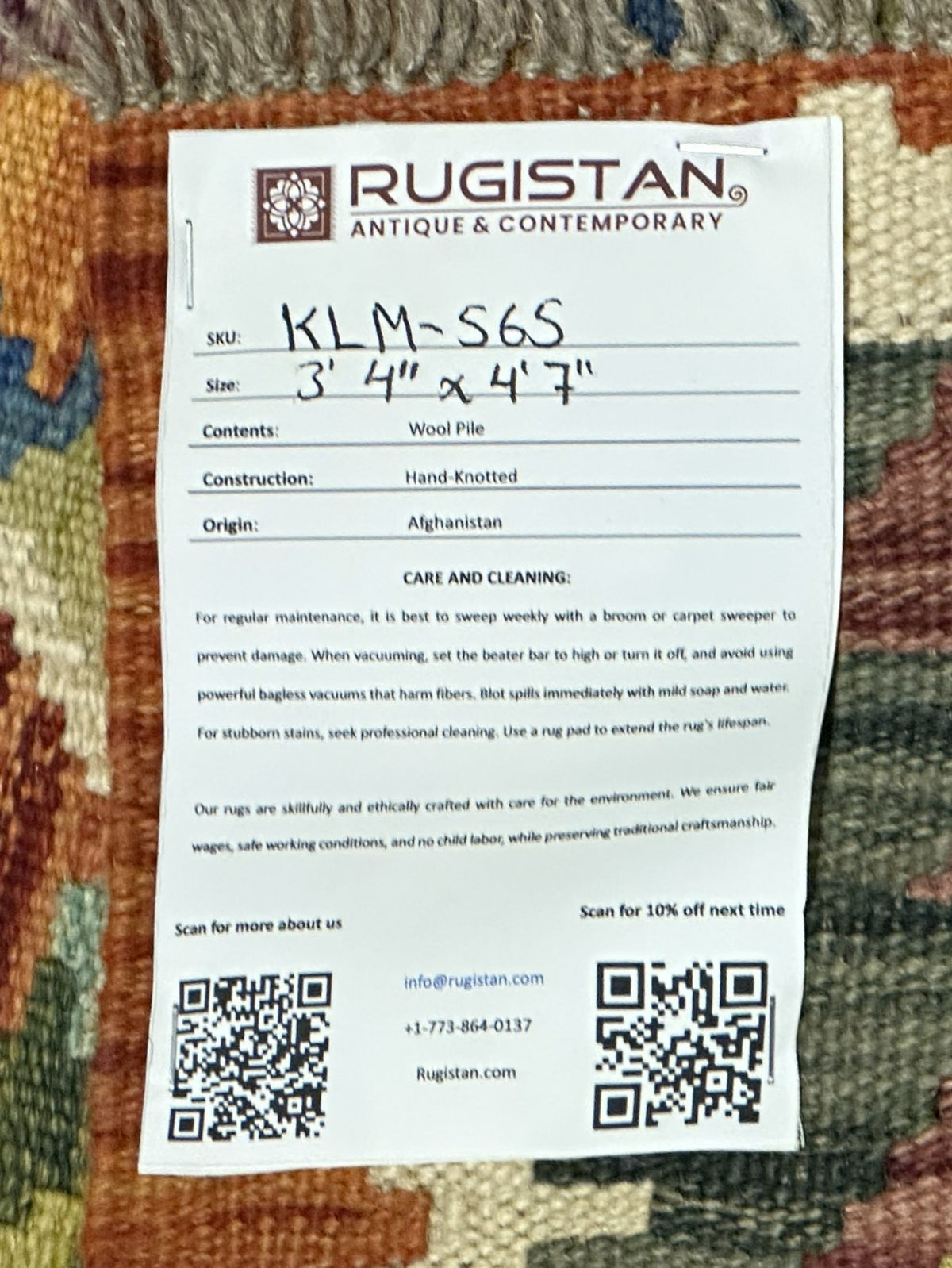 Afghan Kilim Rug 3'4" x 4'7", Hand-Woven Wool, No. 565, view 4