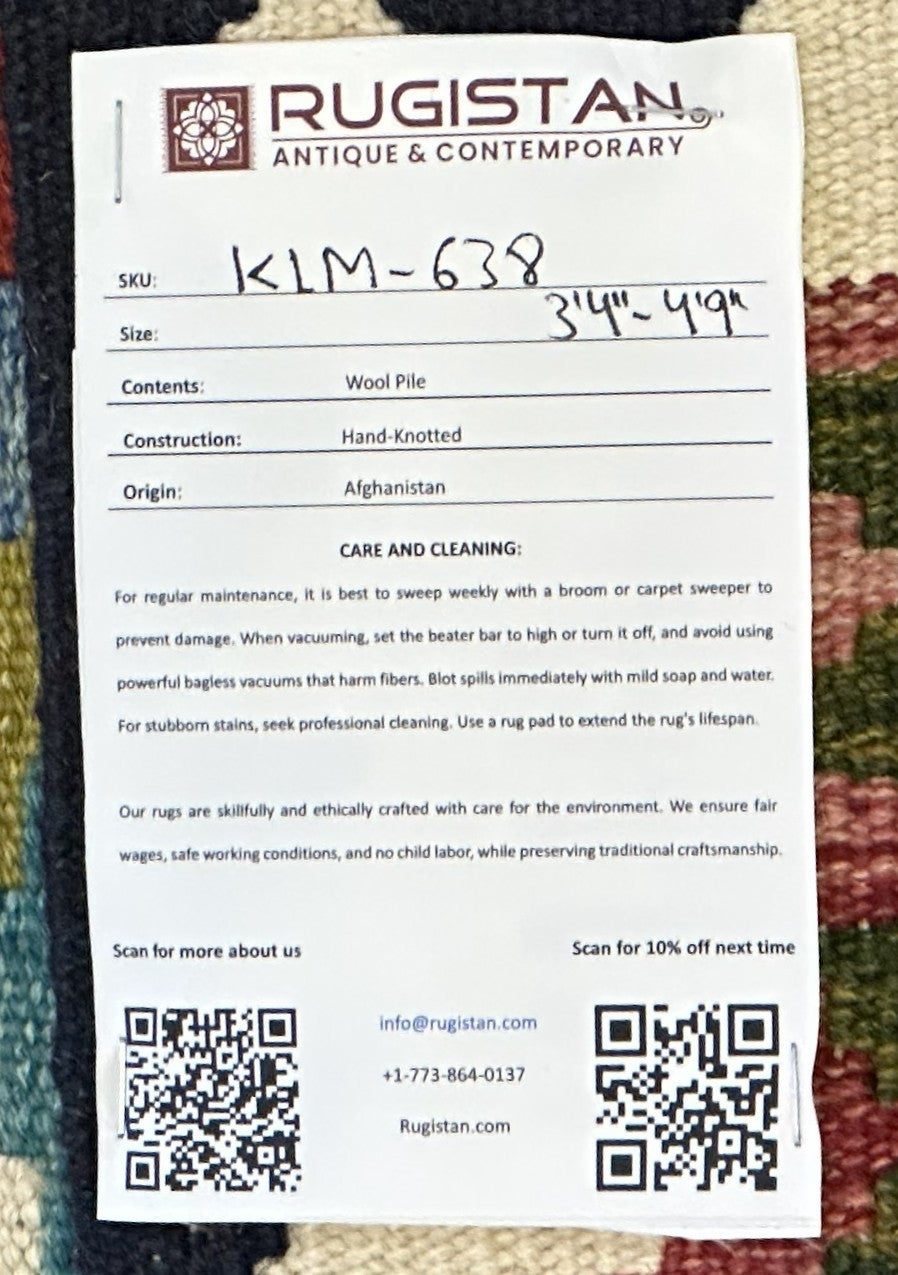 Afghan Kilim Rug 3x5, Teal, Navy & Pink, Hand-Woven Wool Flatweave, view 4