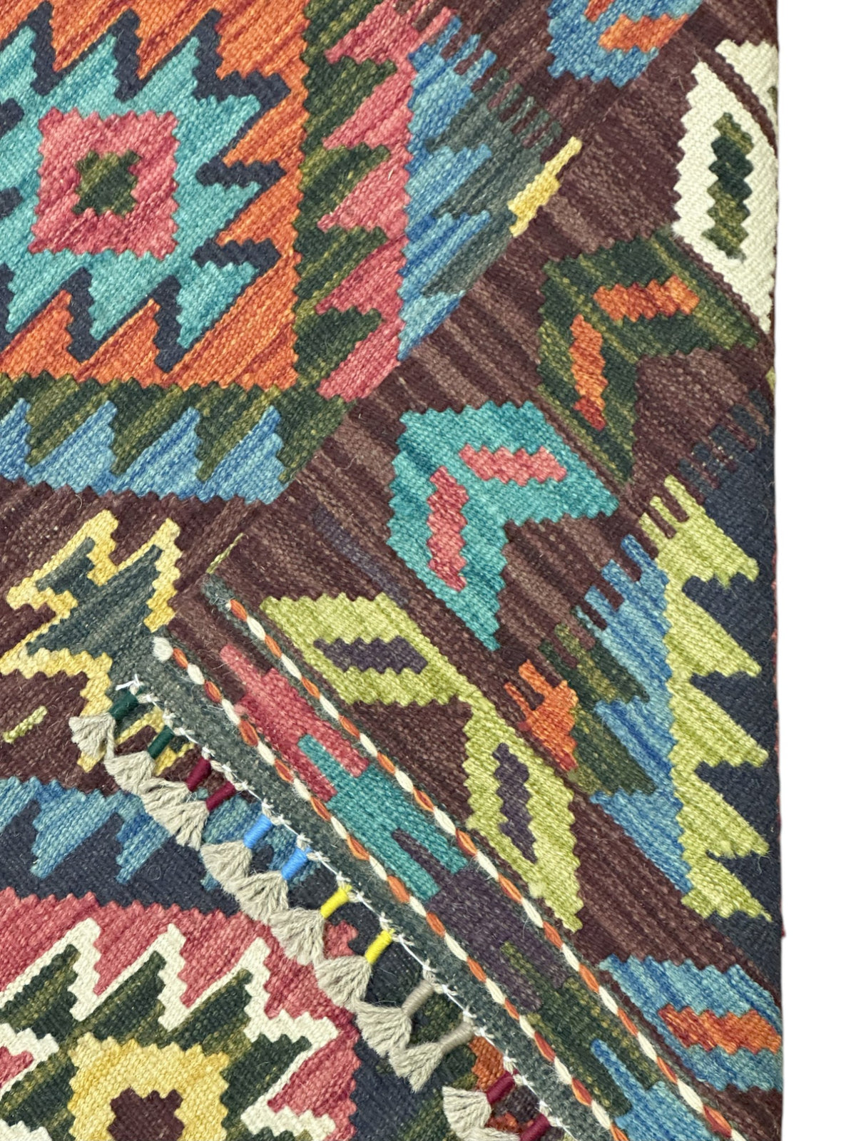 Afghan Kilim Rug 3x4, Green, Brown & Rust, Hand-Woven Wool Flatweave, view 3