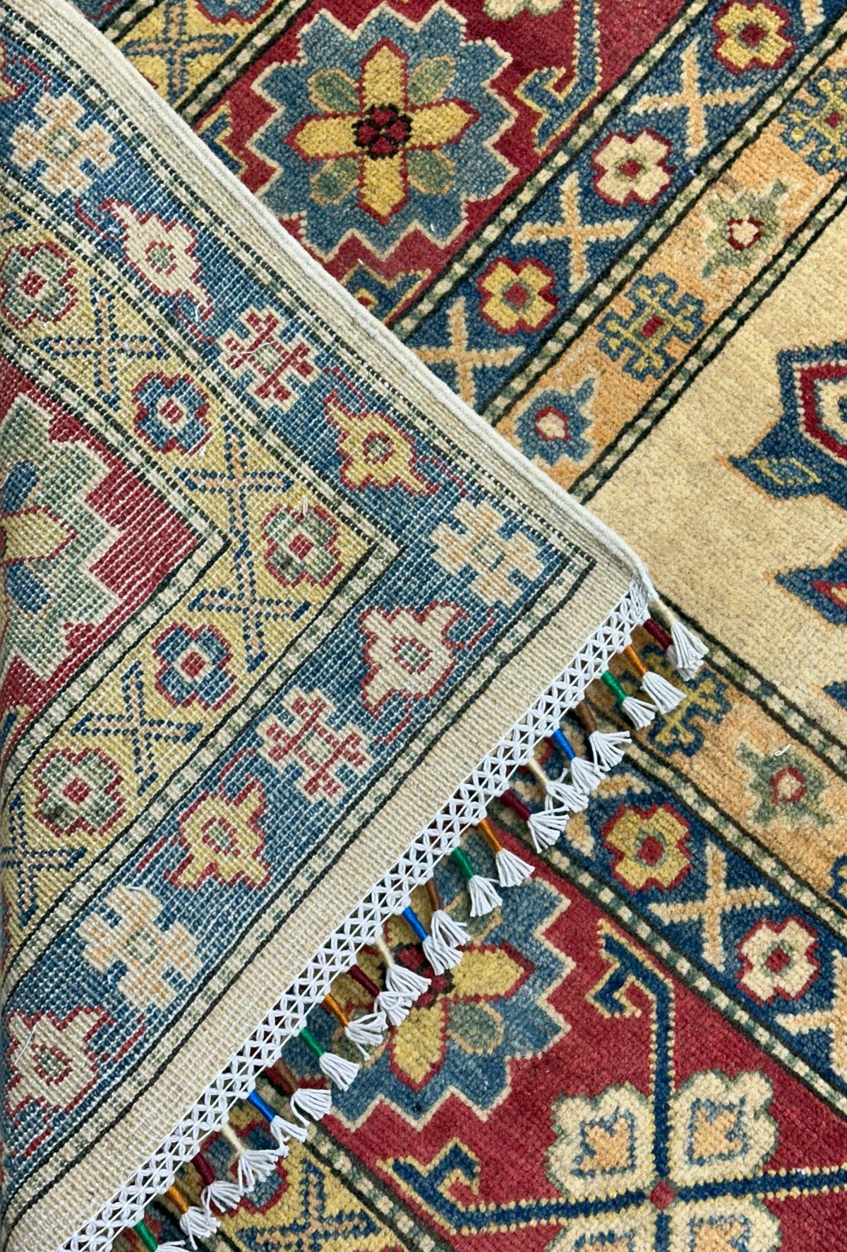 Afghan Kazak Rug 7'10" x 10'8", Hand-Knotted Wool, Cream & Red, view 4