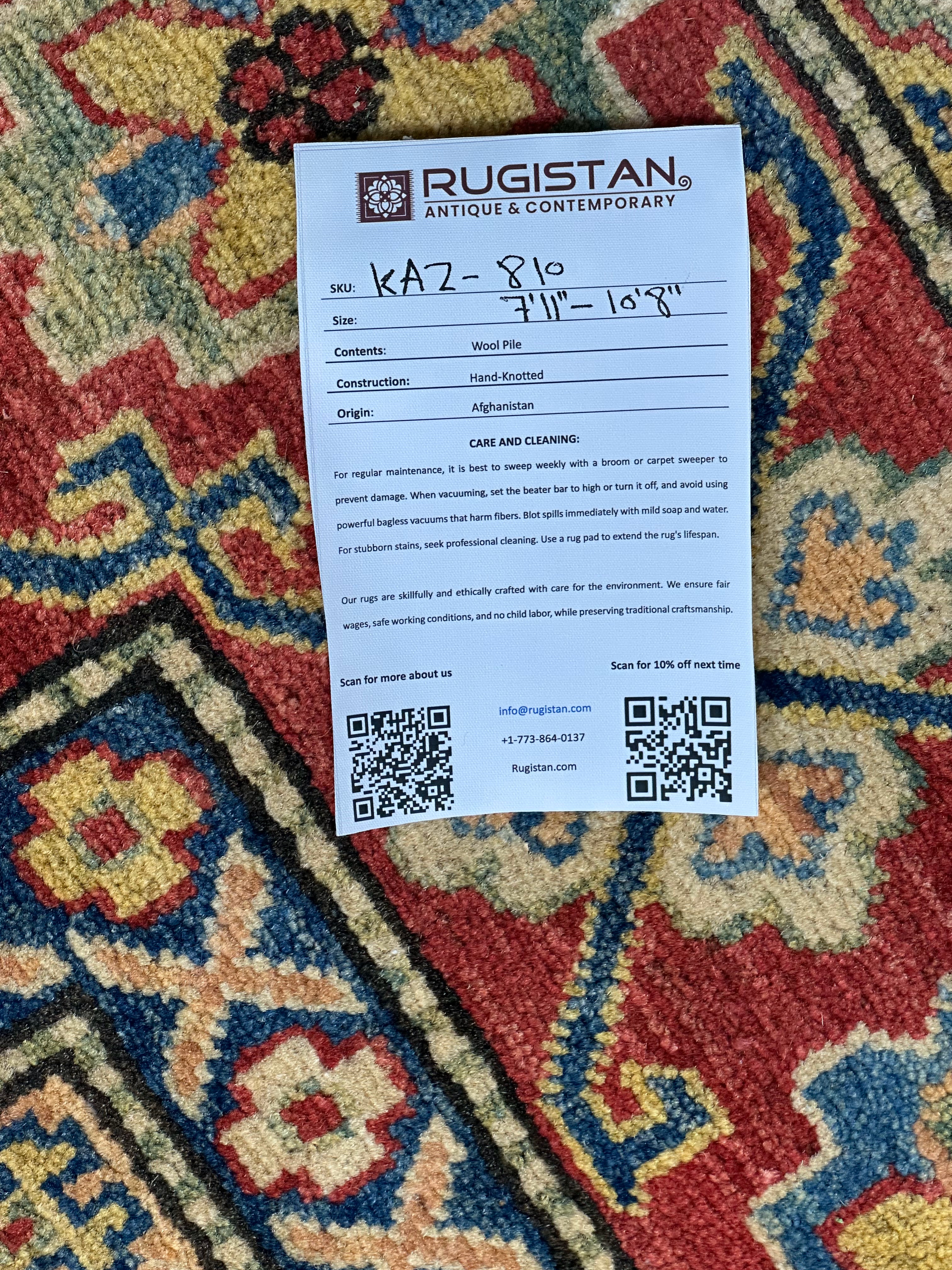 Afghan Kazak Rug 7'10" x 10'8", Hand-Knotted Wool, Cream & Red, view 5