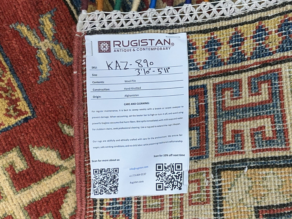 Afghan Kazak Rug 3'10" x 5'11", Hand-Knotted Wool, Beige & Red, view 4
