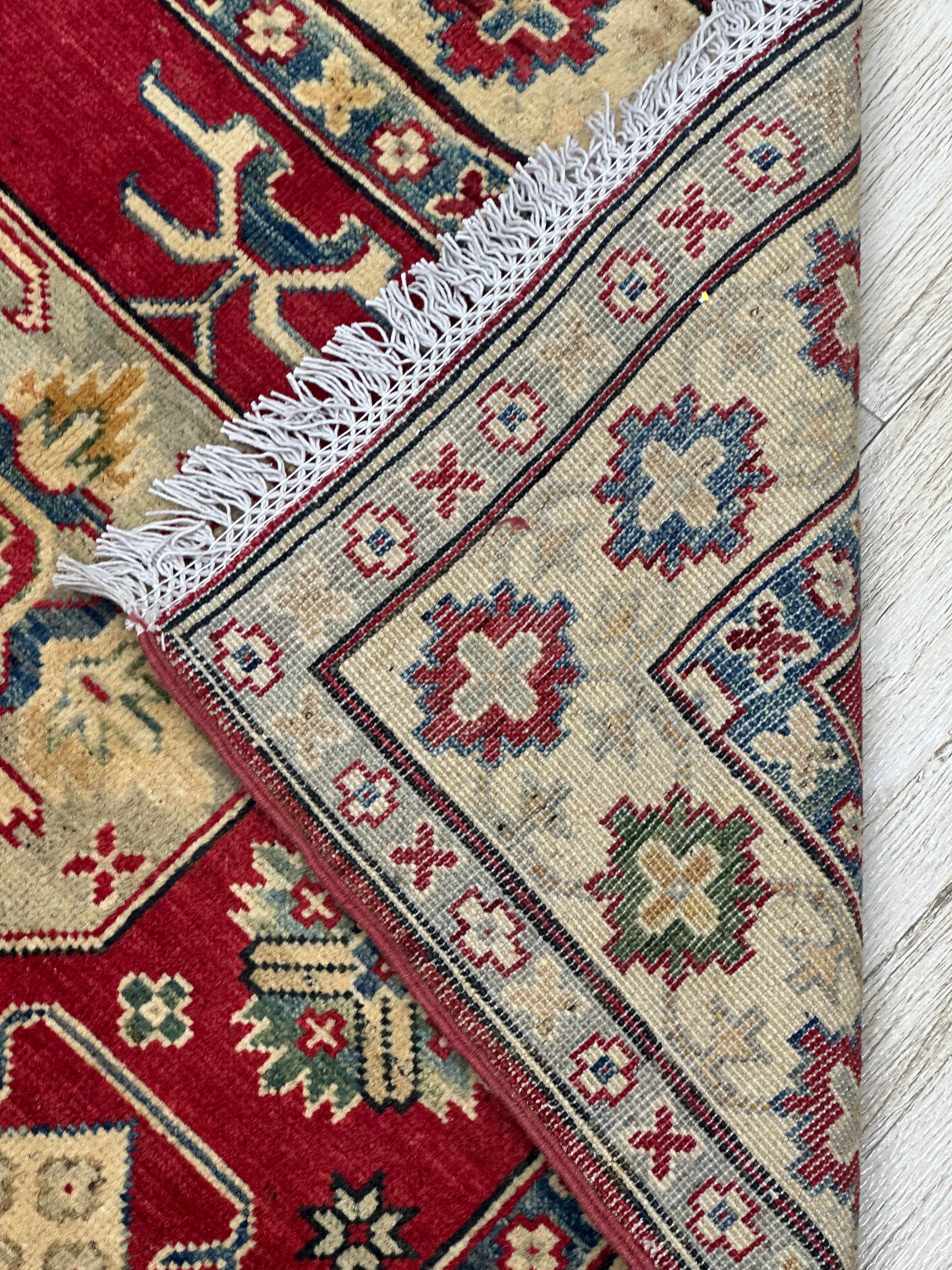 Afghan Kazak Rug 3'11" x 5'9", Hand-Knotted Wool, Cream & Red, view 4