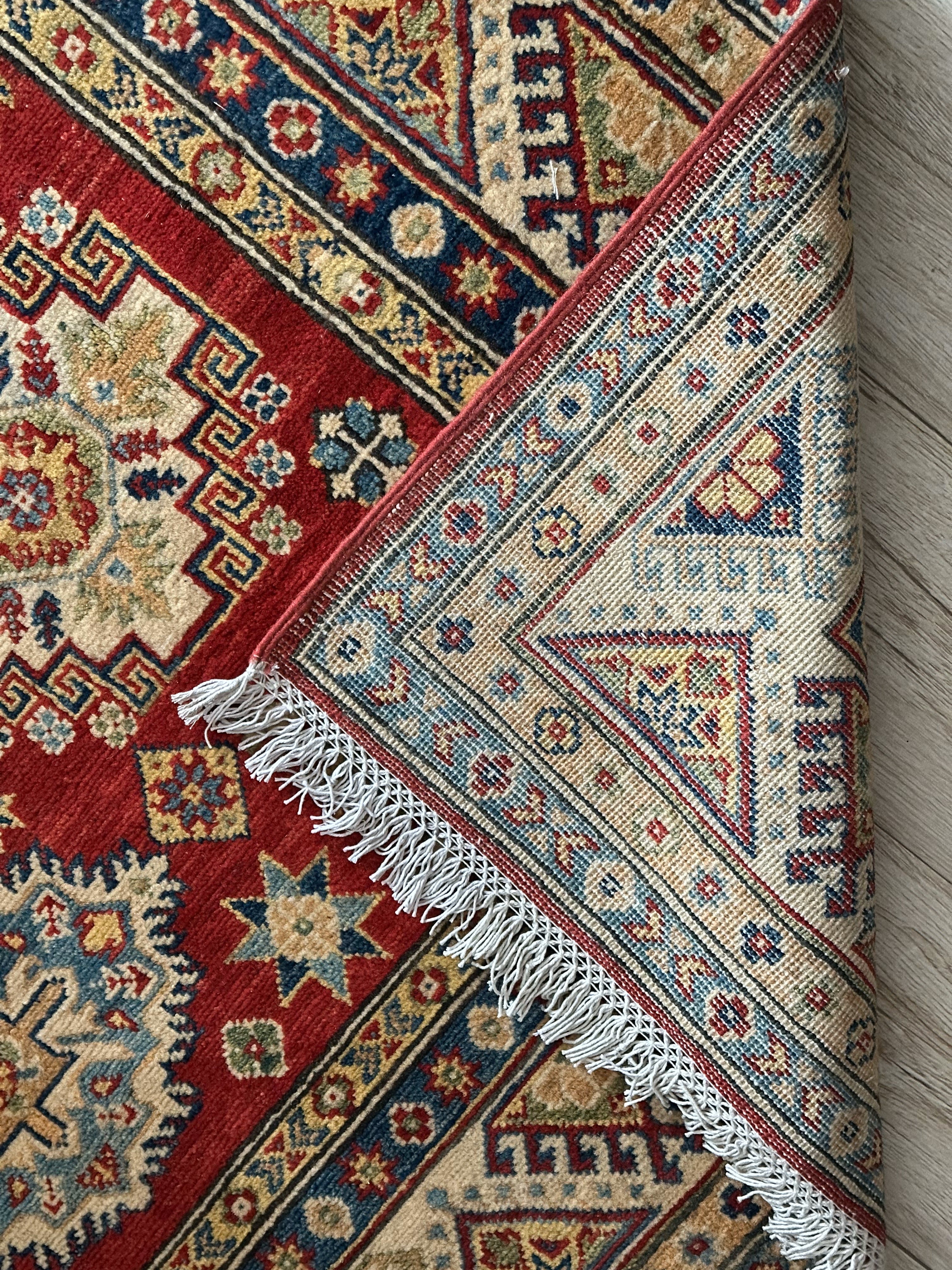 Afghan Kazak Rug 5'5" x 7'11", Hand-Knotted Wool, Cream & Red, view 4