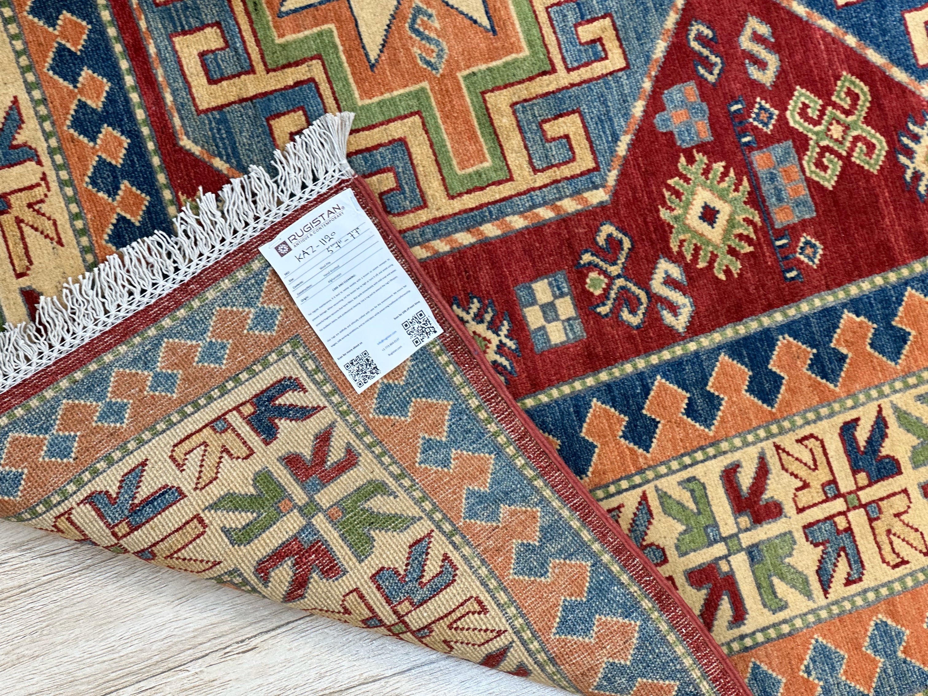 Afghan Kazak Rug 5'7" x 7'7", Hand-Knotted Wool, Blue, Cream & Red, view 5