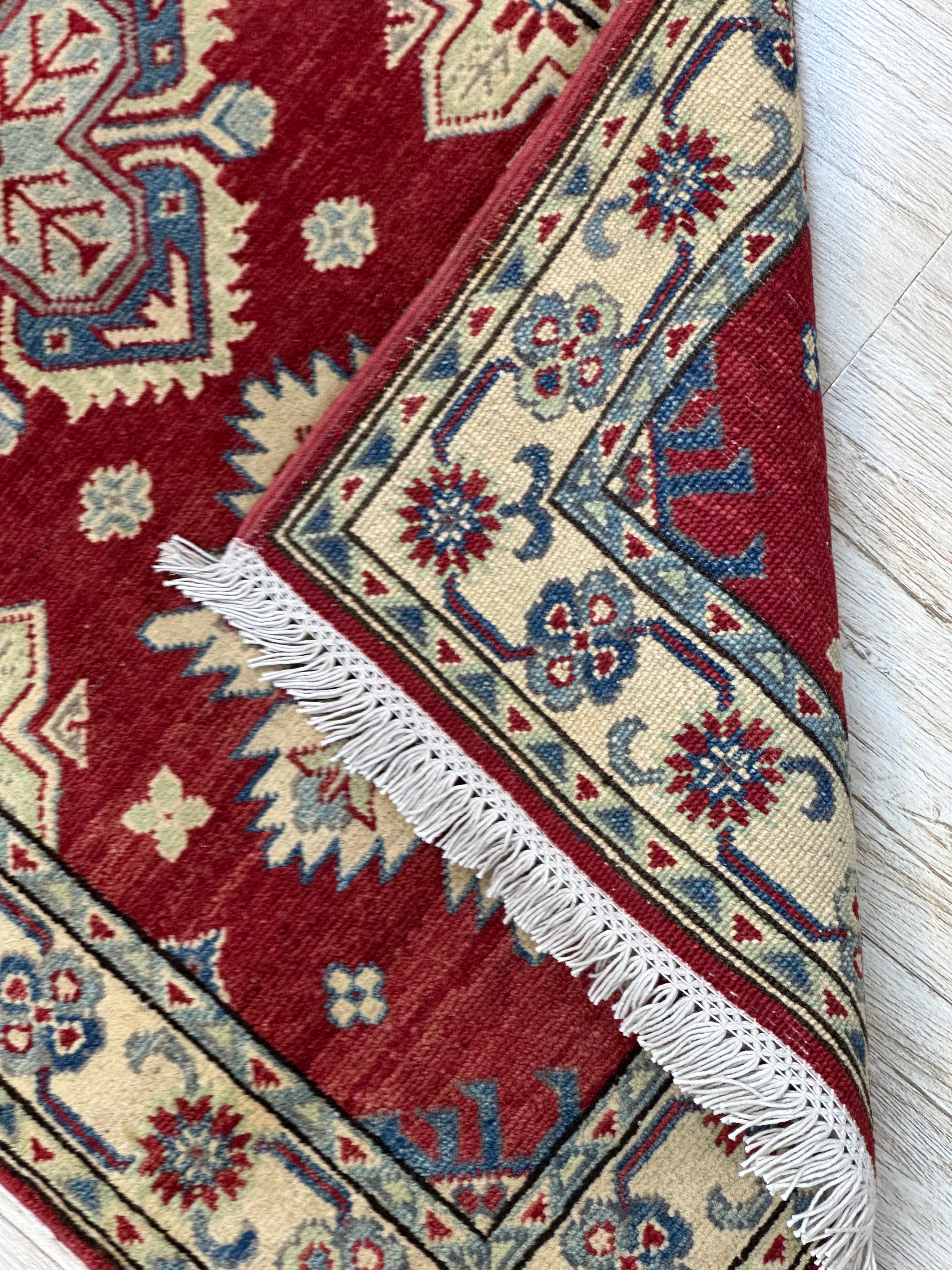 Afghan Kazak Runner 2'8" x 10', Hand-Knotted Wool, Cream & Red, view 3