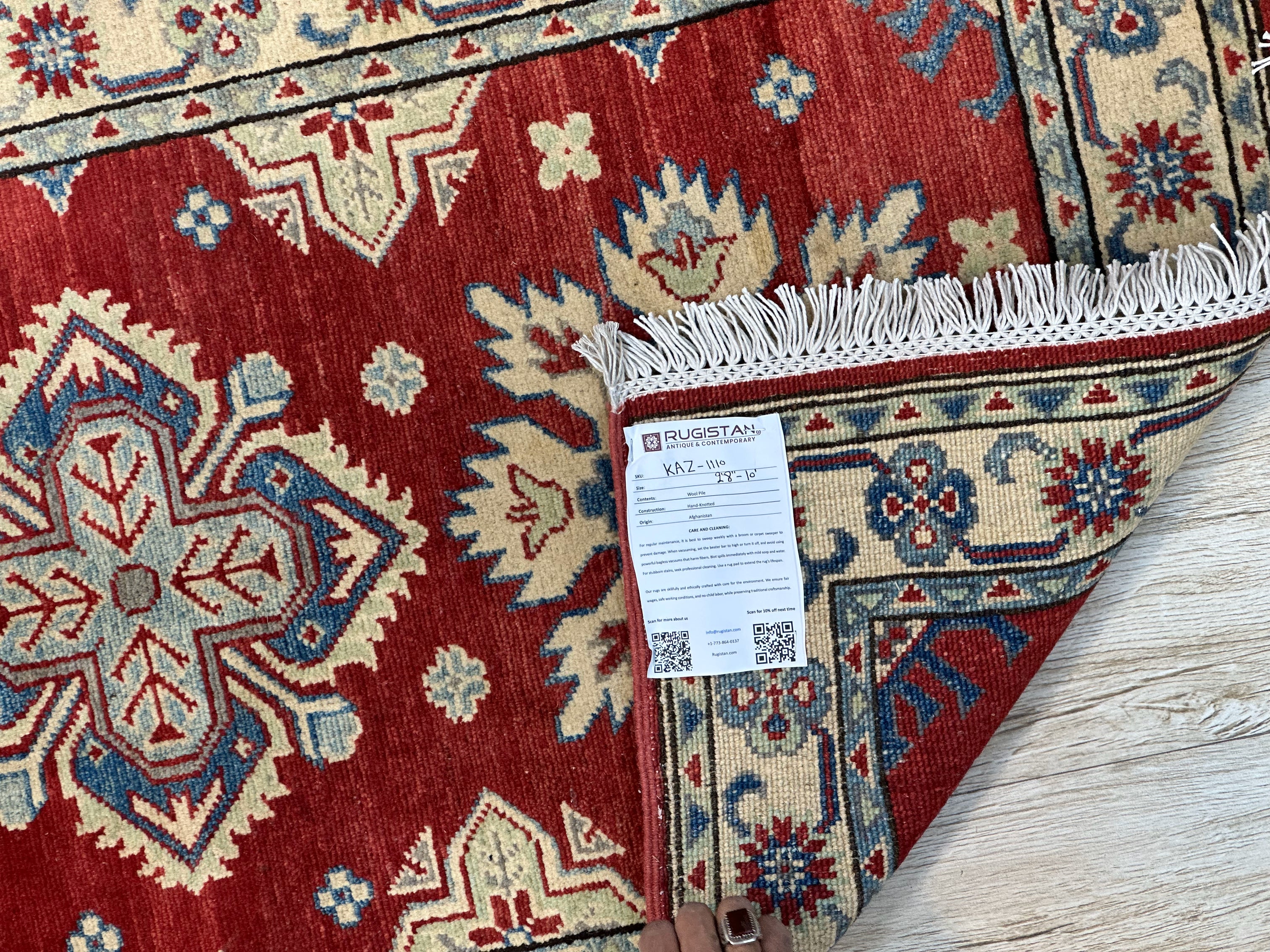 Afghan Kazak Runner 2'8" x 10', Hand-Knotted Wool, Cream & Red, view 4