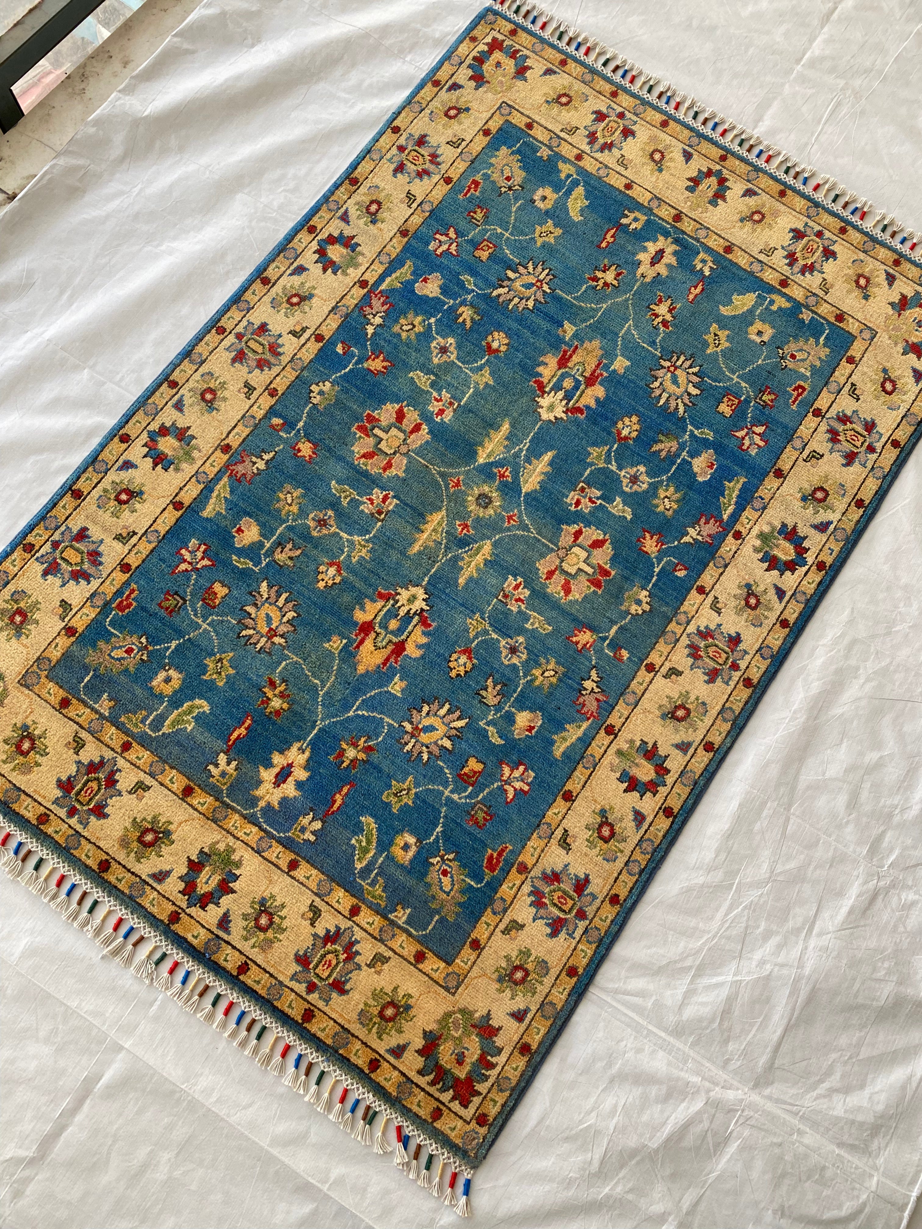 Afghani Rug 4x6 size range tribal Blue laid flat