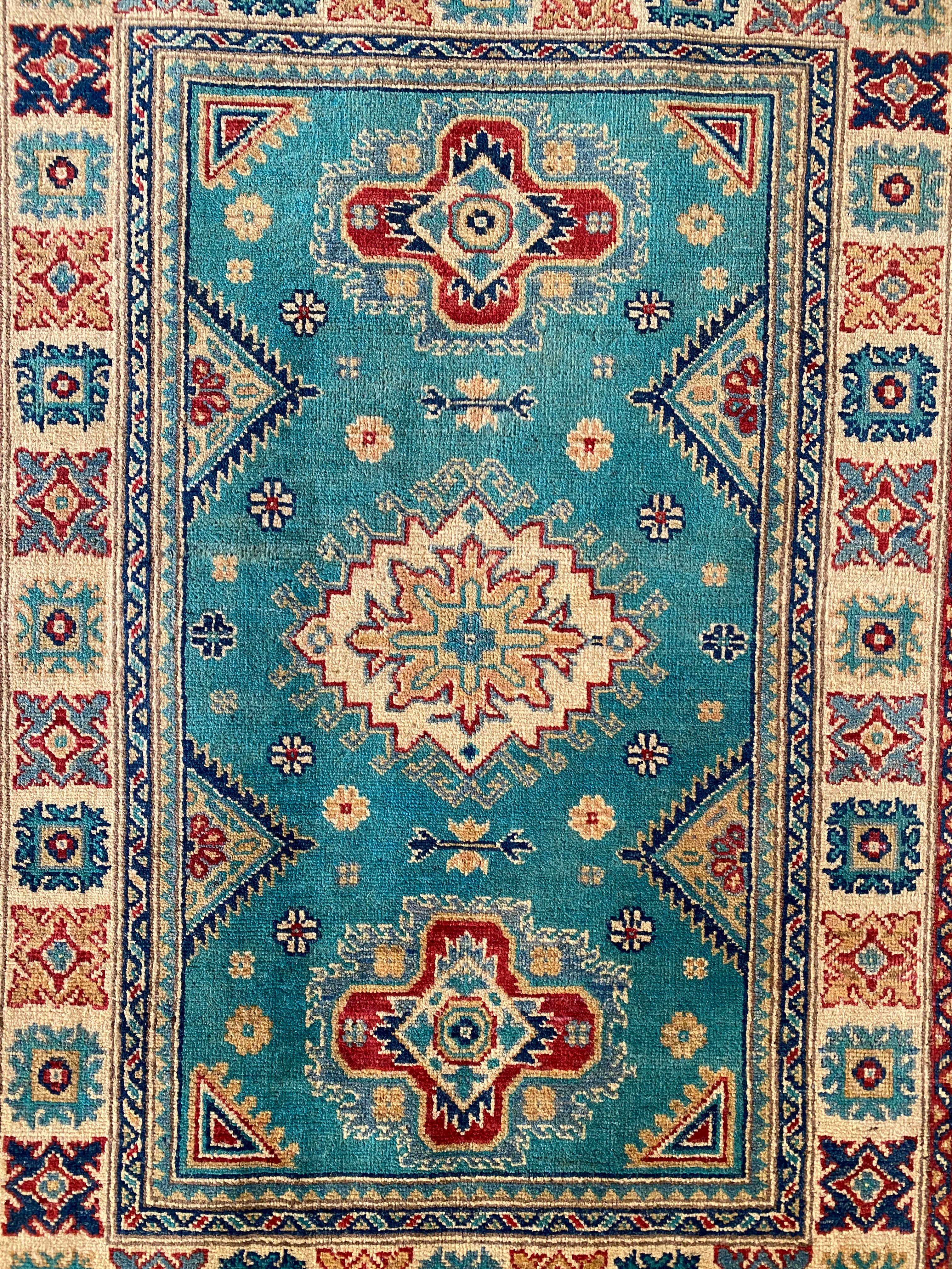 Afghani Rug 4x6 size range tribal Beige Green laid flat