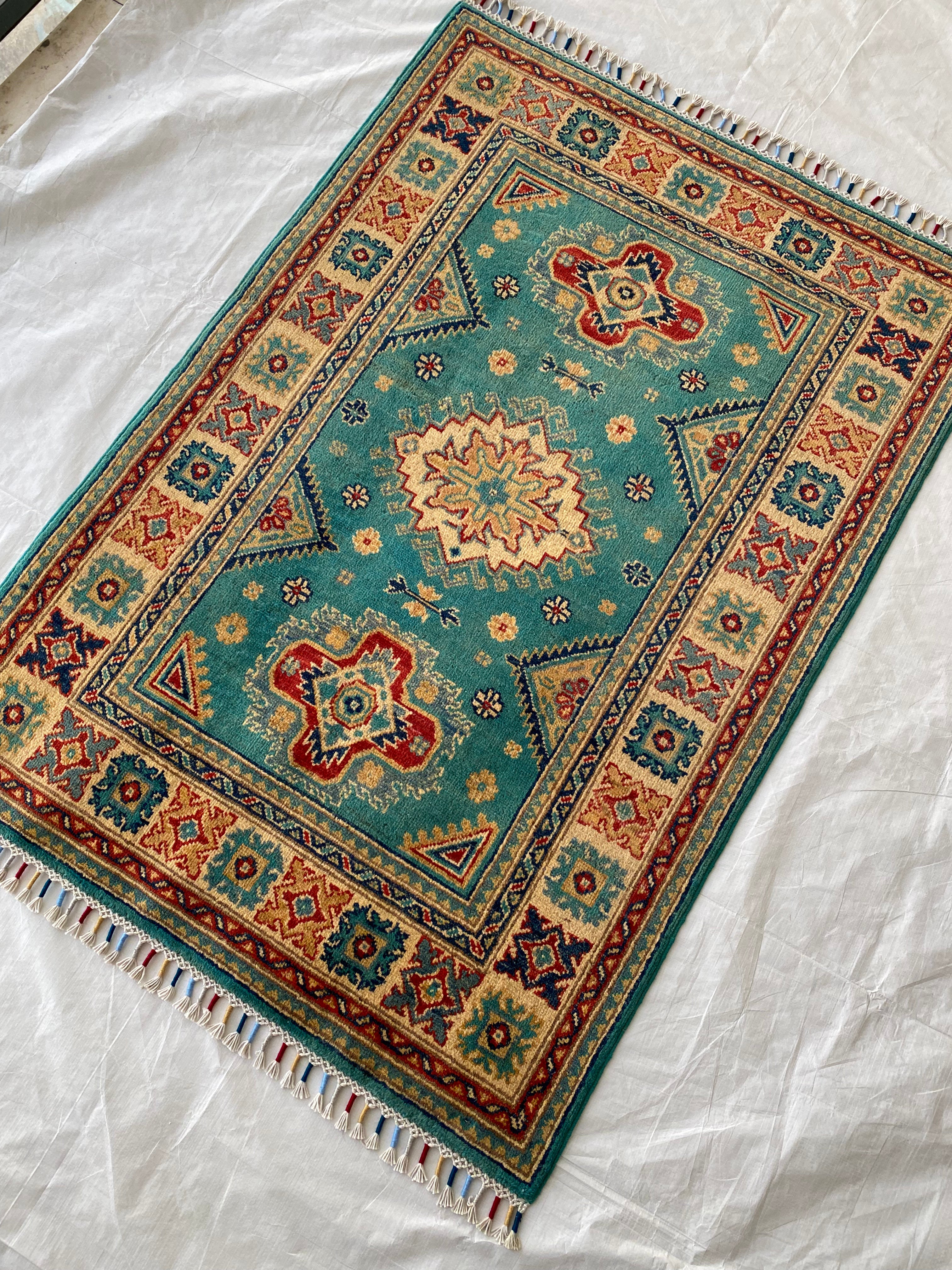 Afghani Rug 4x6 size range tribal Beige Green laid flat
