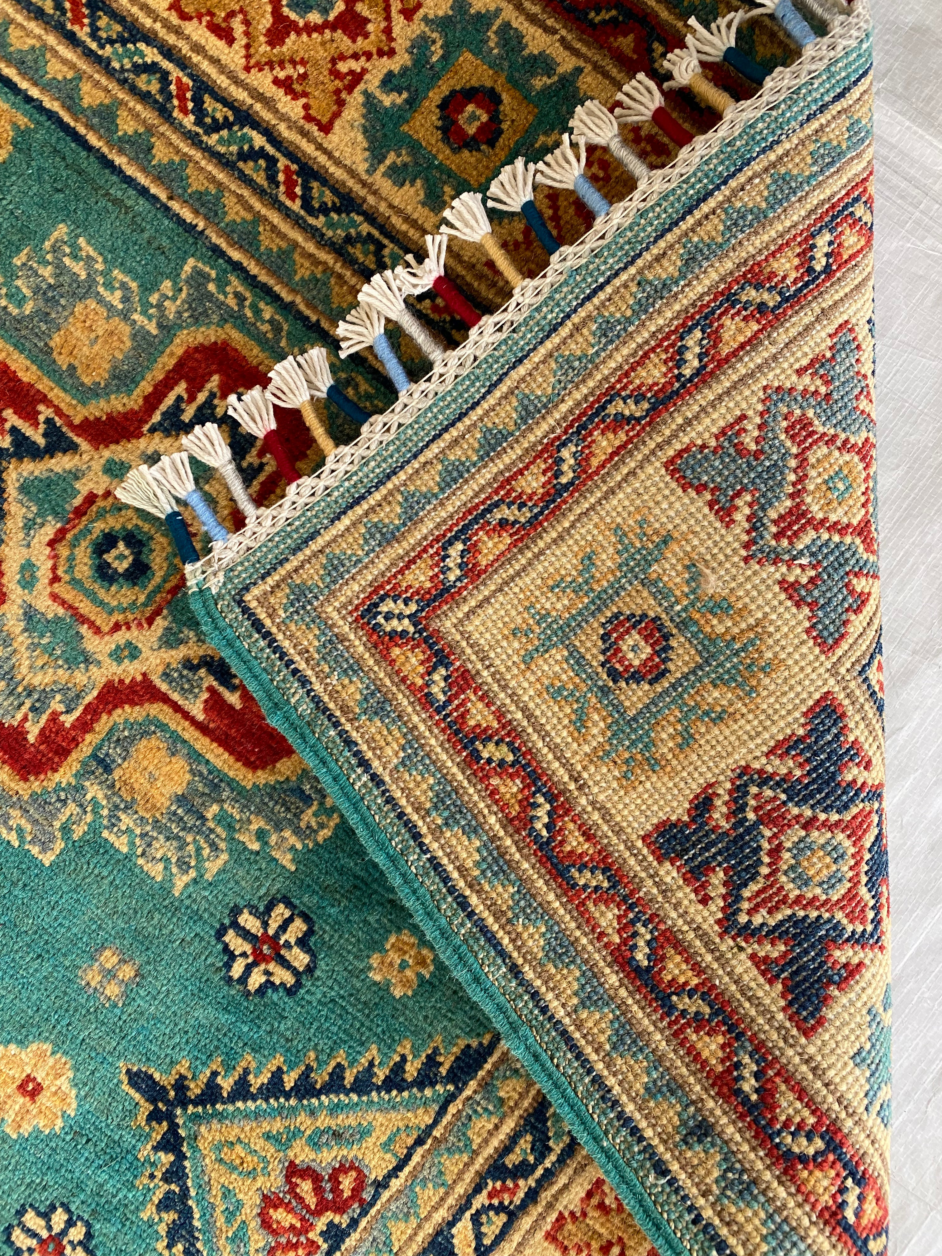 Afghani Rug 4x6 size range tribal Beige Green laid flat