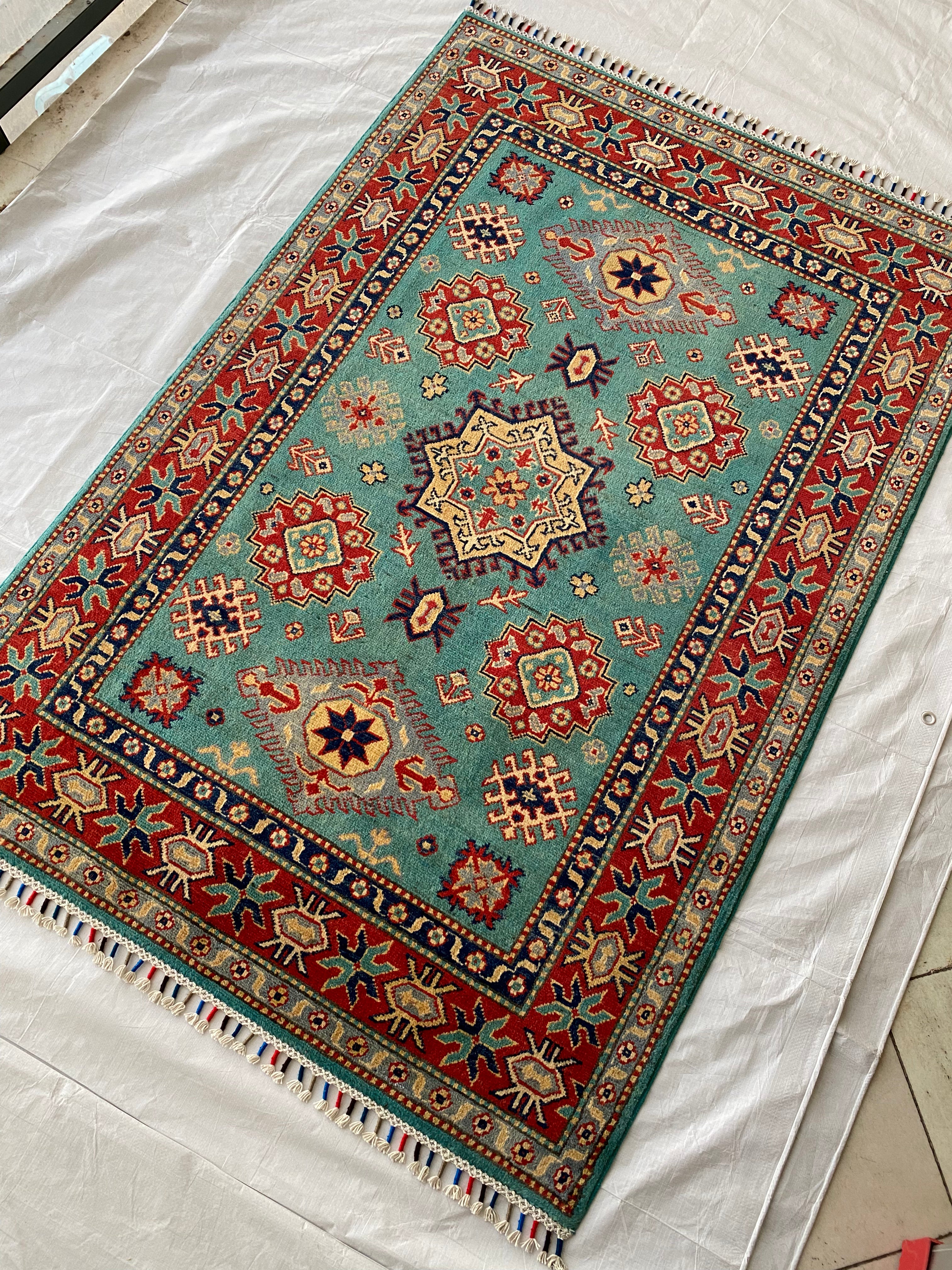 Afghani Rug 4x6 size range tribal Red Blue laid flat