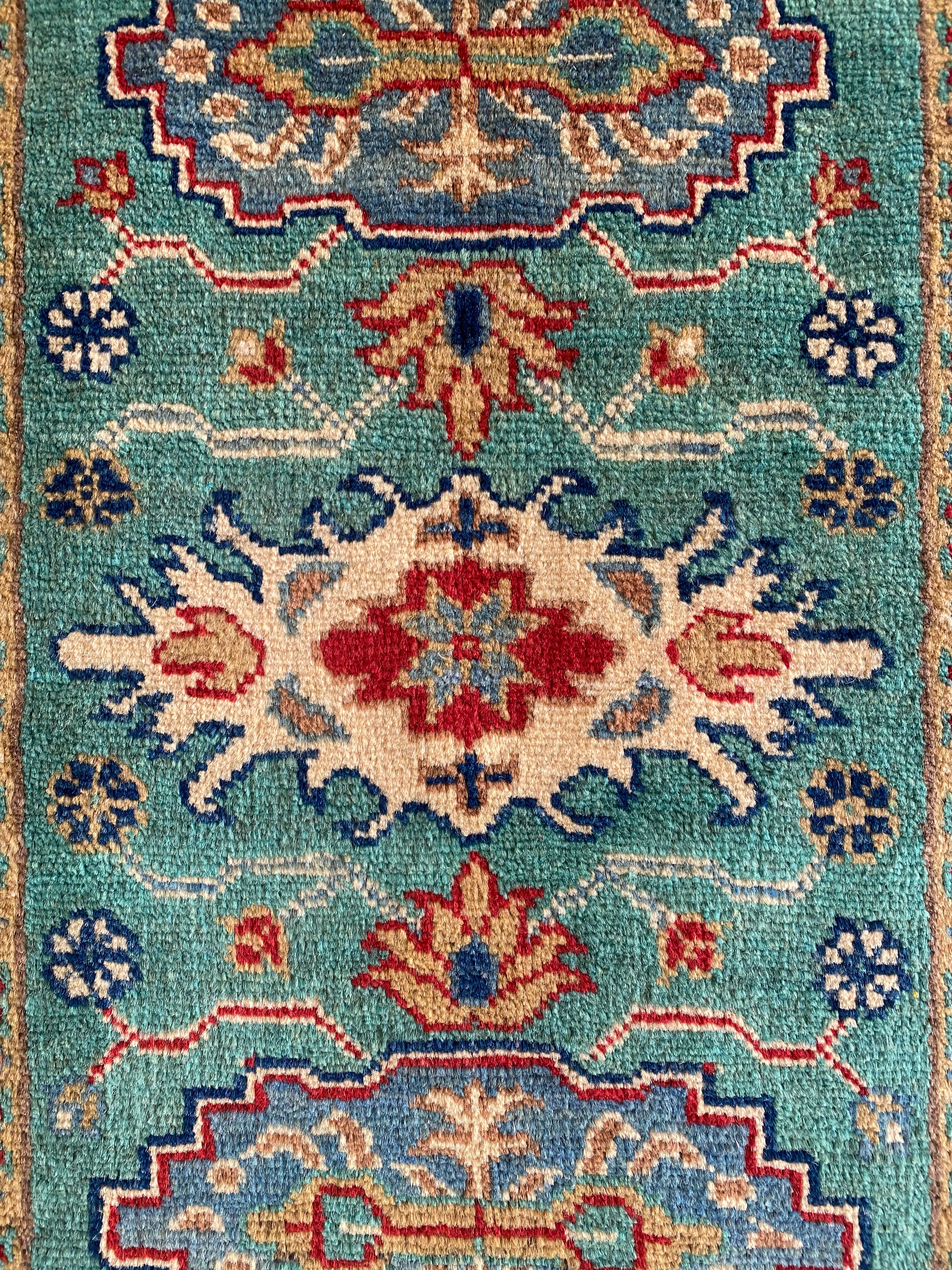Afghani Rug 3x4 size range tribal Blue Cream laid flat
