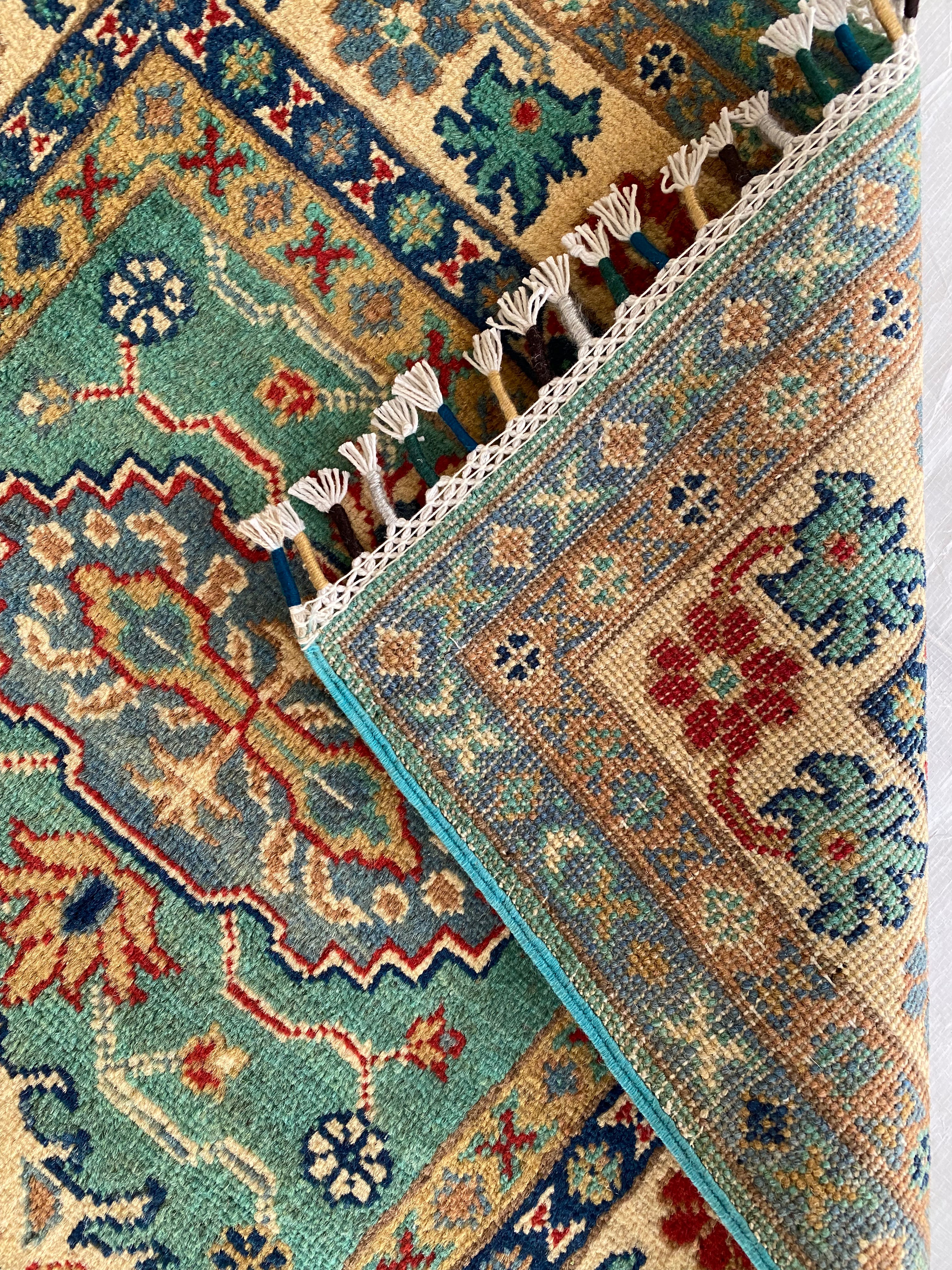 Afghani Rug 3x4 size range tribal Blue Cream laid flat