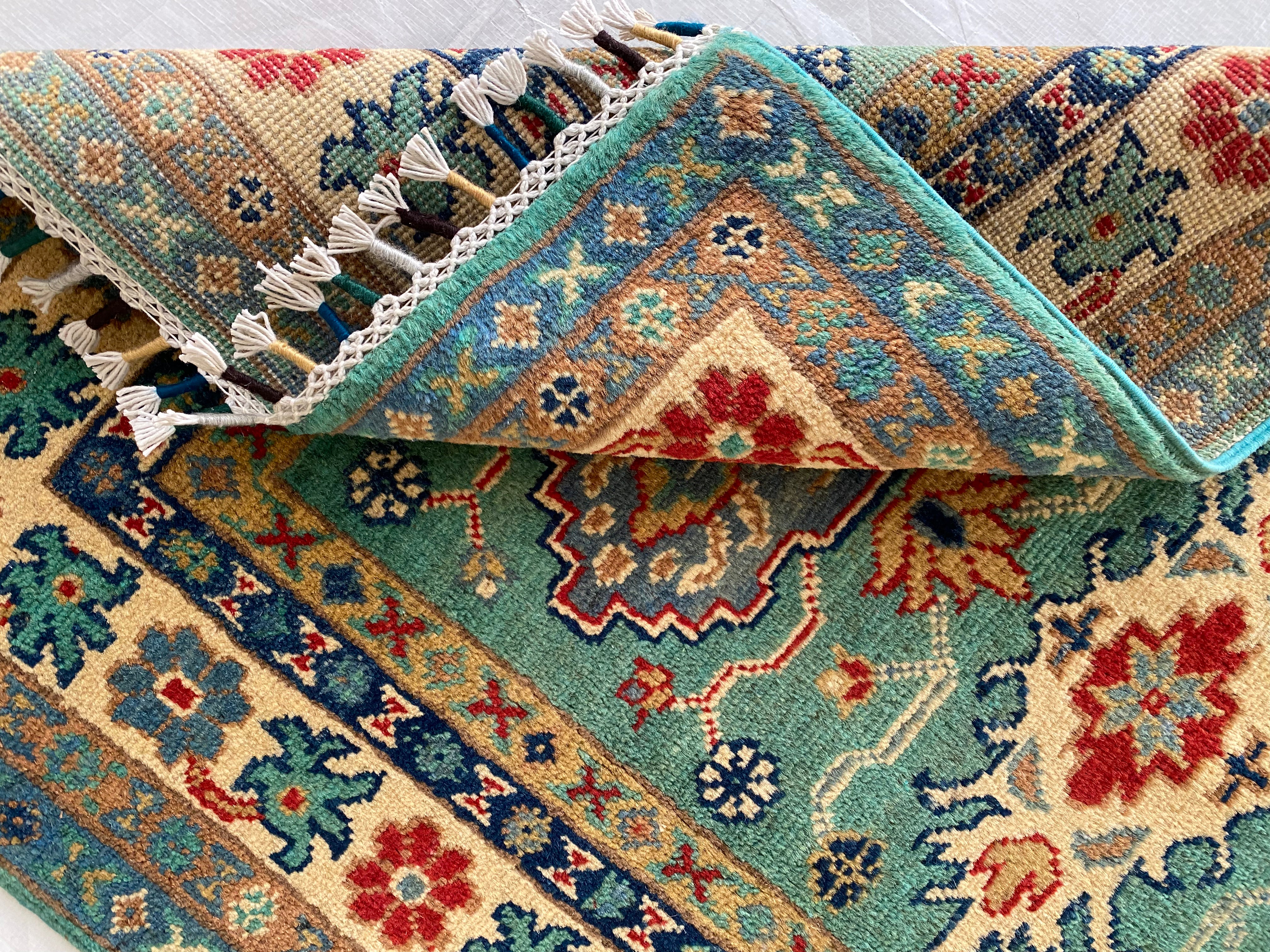Afghani Rug 3x4 size range tribal Blue Cream laid flat
