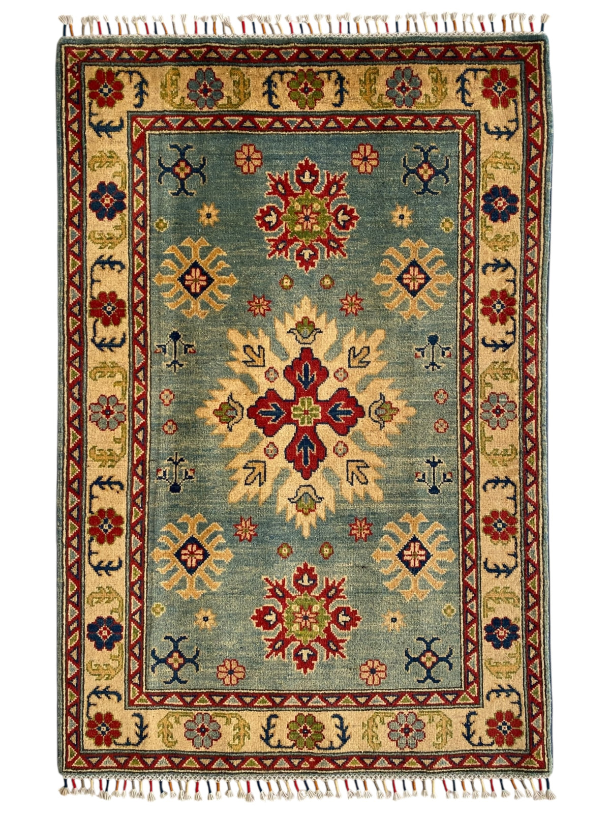Afghani Rug 4x6 size range tribal Blue Cream laid flat