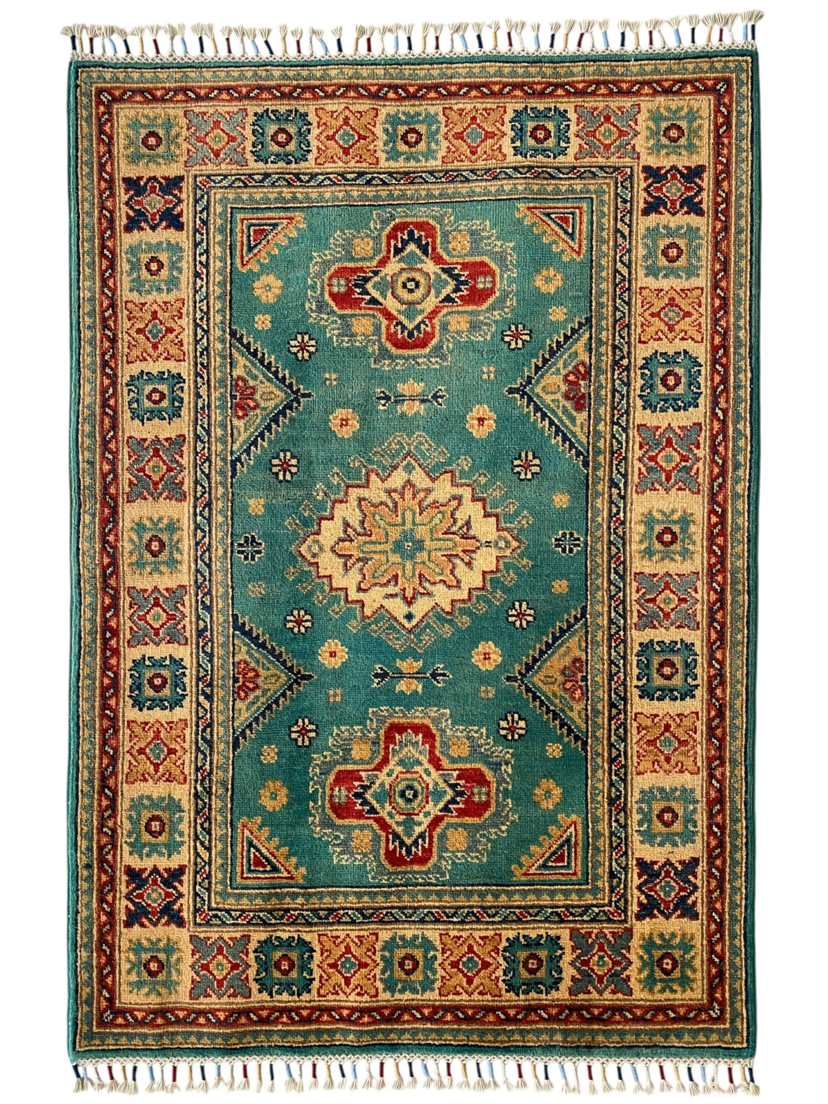 Afghani Rug 4x6 size range tribal Beige Green laid flat