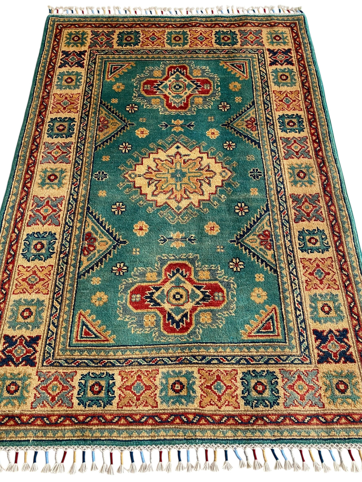 Afghani Rug 4x6 size range tribal Beige Green laid flat