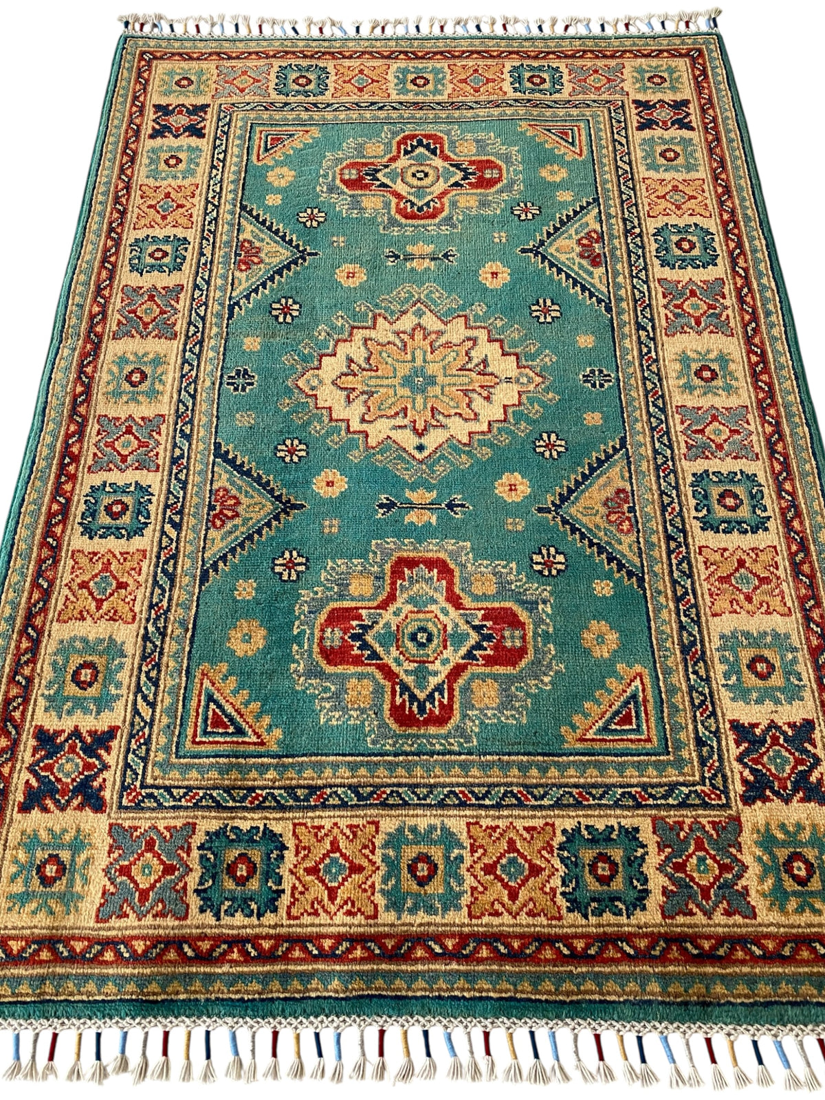 Afghani Rug 4x6 size range tribal Beige Green laid flat