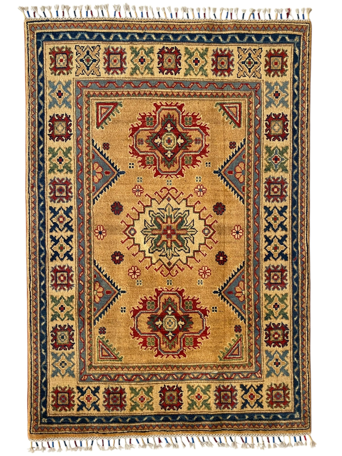 Afghani Rug 4x6 size range tribal Blue Beige laid flat