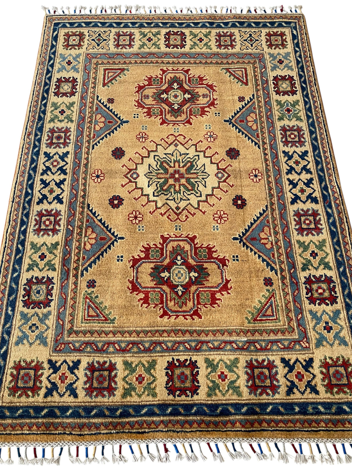 Afghani Rug 4x6 size range tribal Blue Beige laid flat