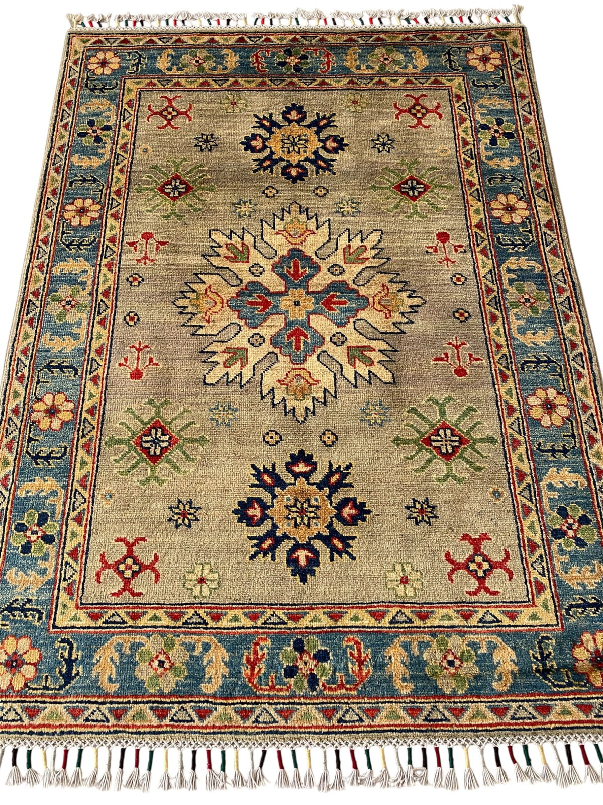 Afghani Rug 4x6 size range tribal Blue Green laid flat