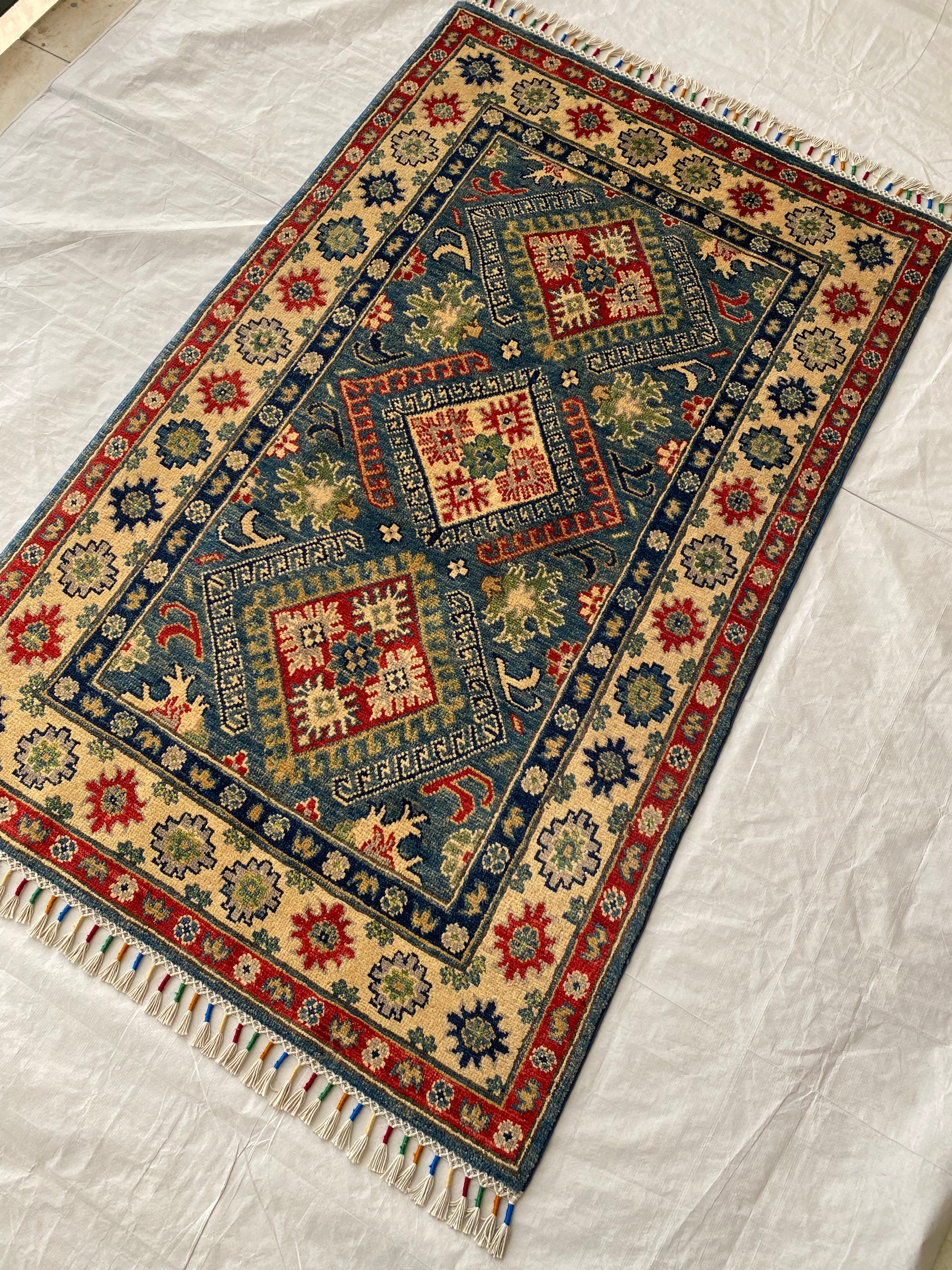 Afghani Rug 4x6 size range tribal Blue laid flat