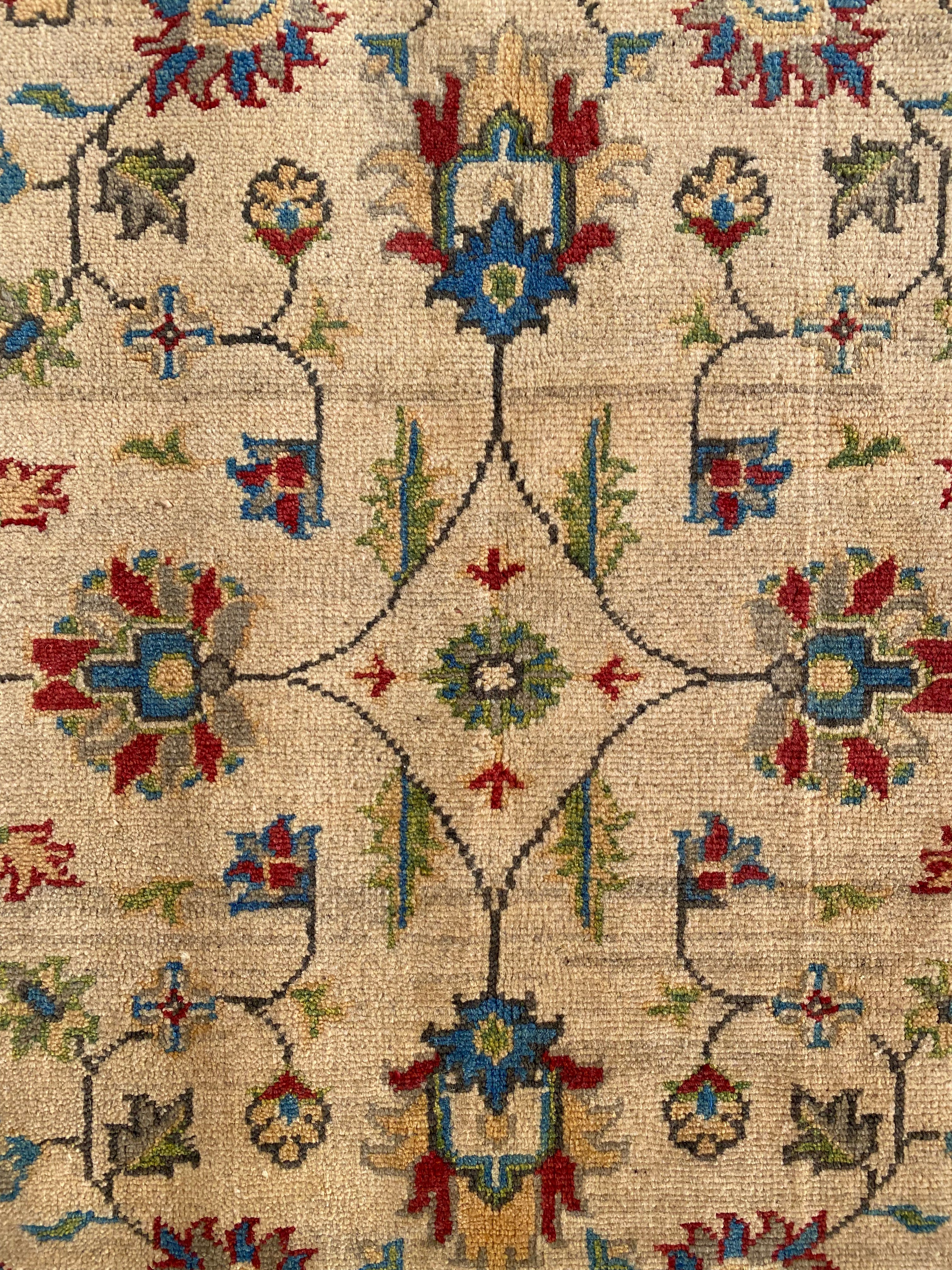 Afghani Rug 4x6 size range tribal Blue Cream laid flat