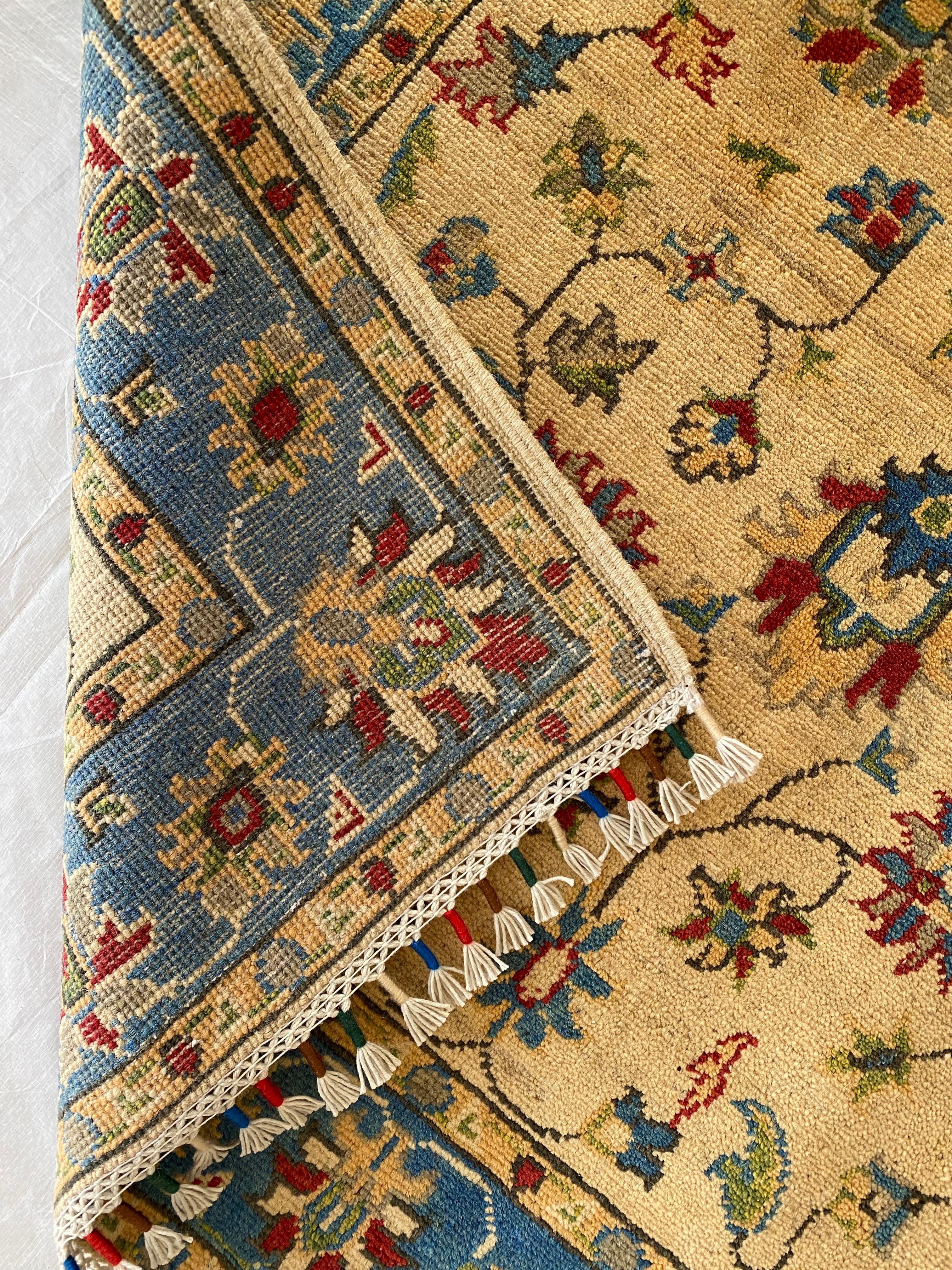 Afghani Rug 4x6 size range tribal Blue Cream laid flat