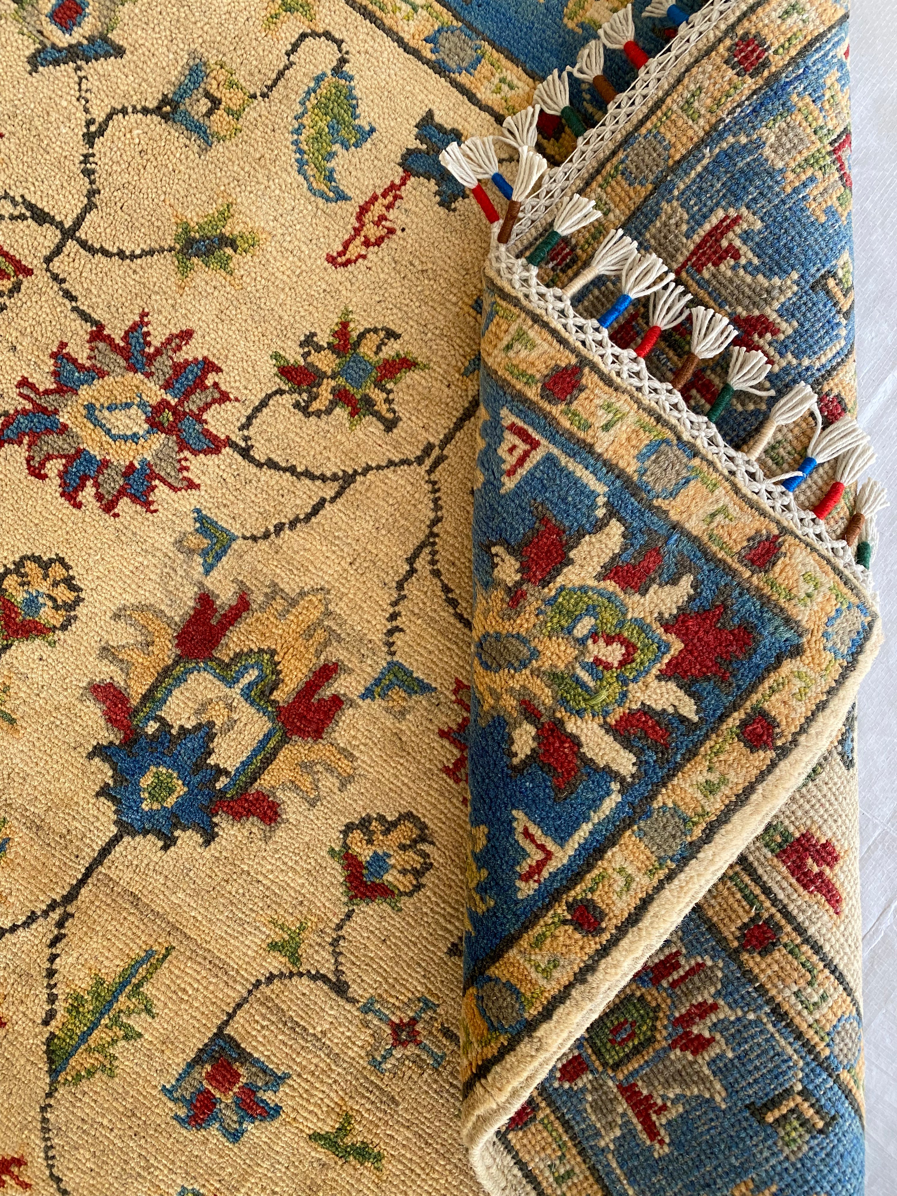 Afghani Rug 4x6 size range tribal Blue Cream laid flat