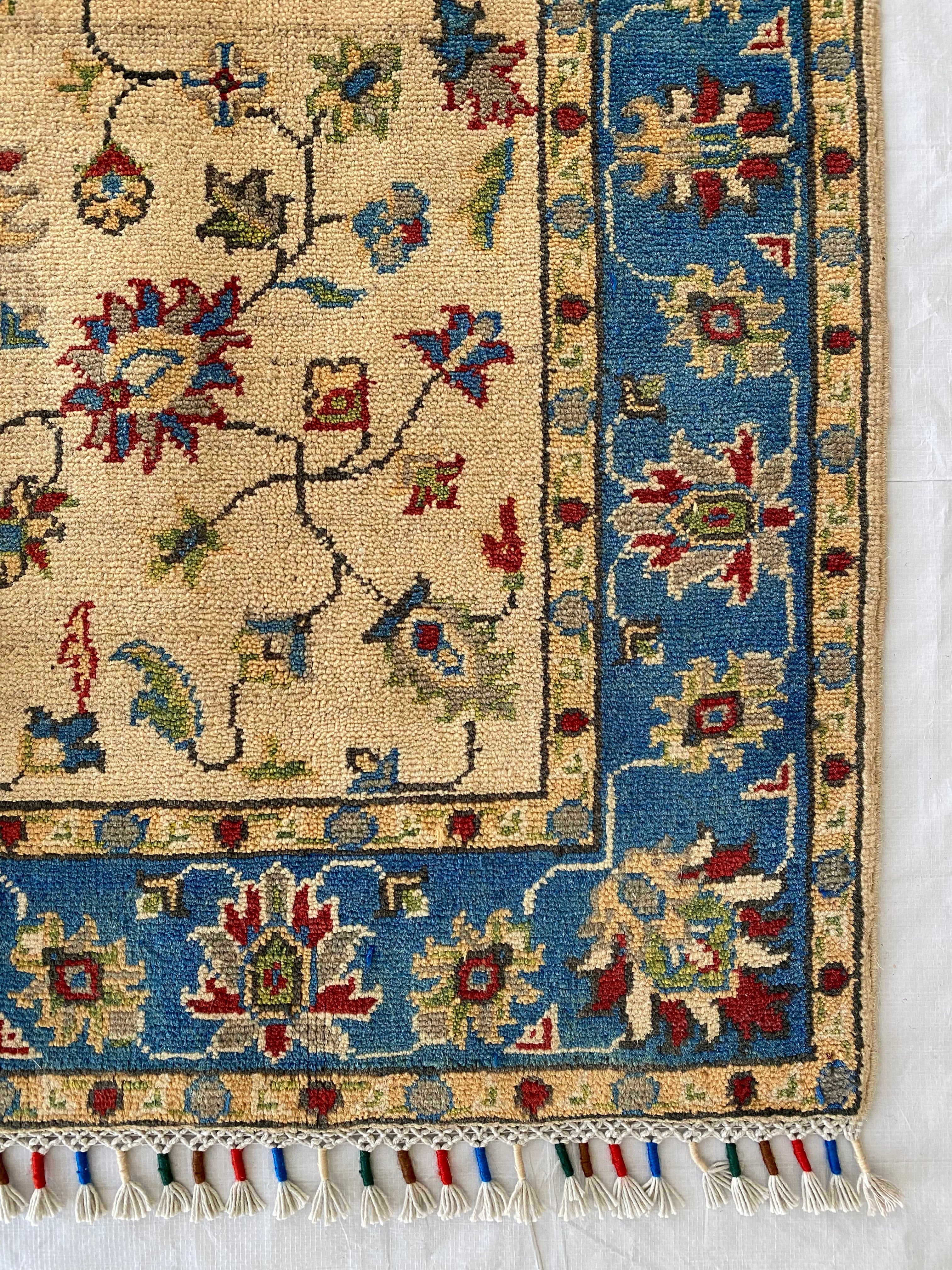 Afghani Rug 4x6 size range tribal Blue Cream laid flat