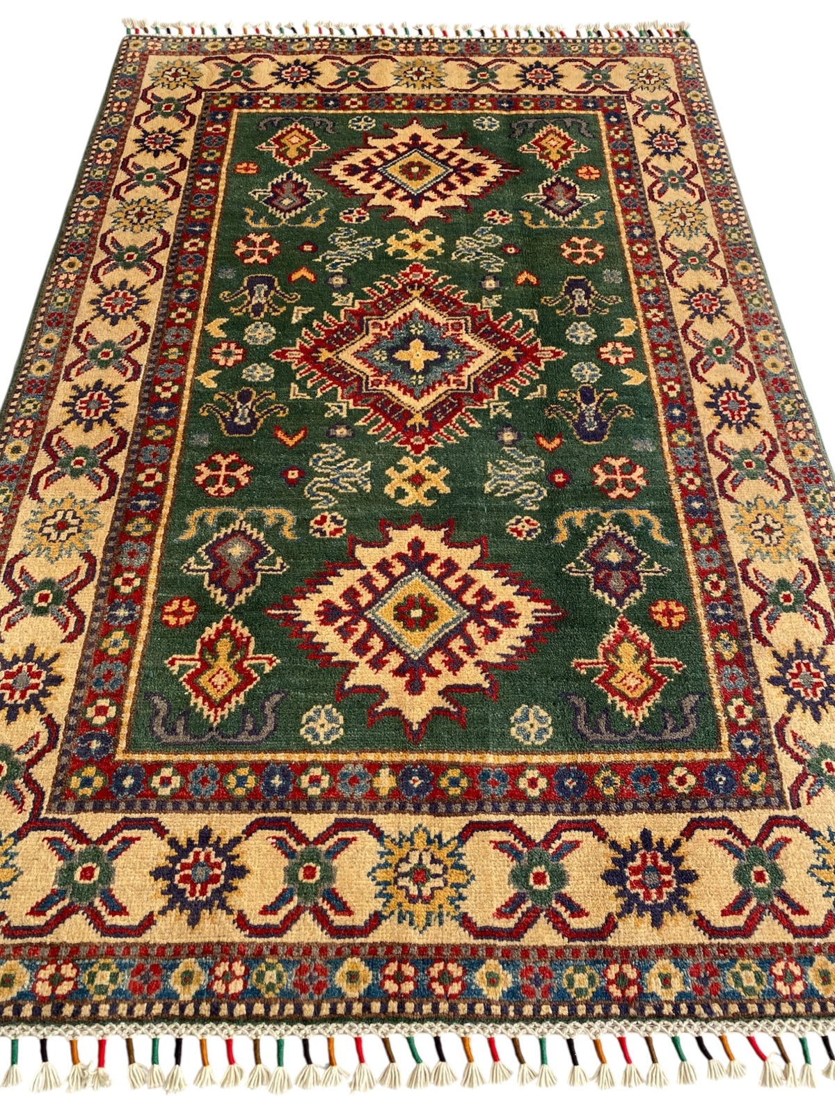 Afghani Rug 4x6 size range tribal Green laid flat