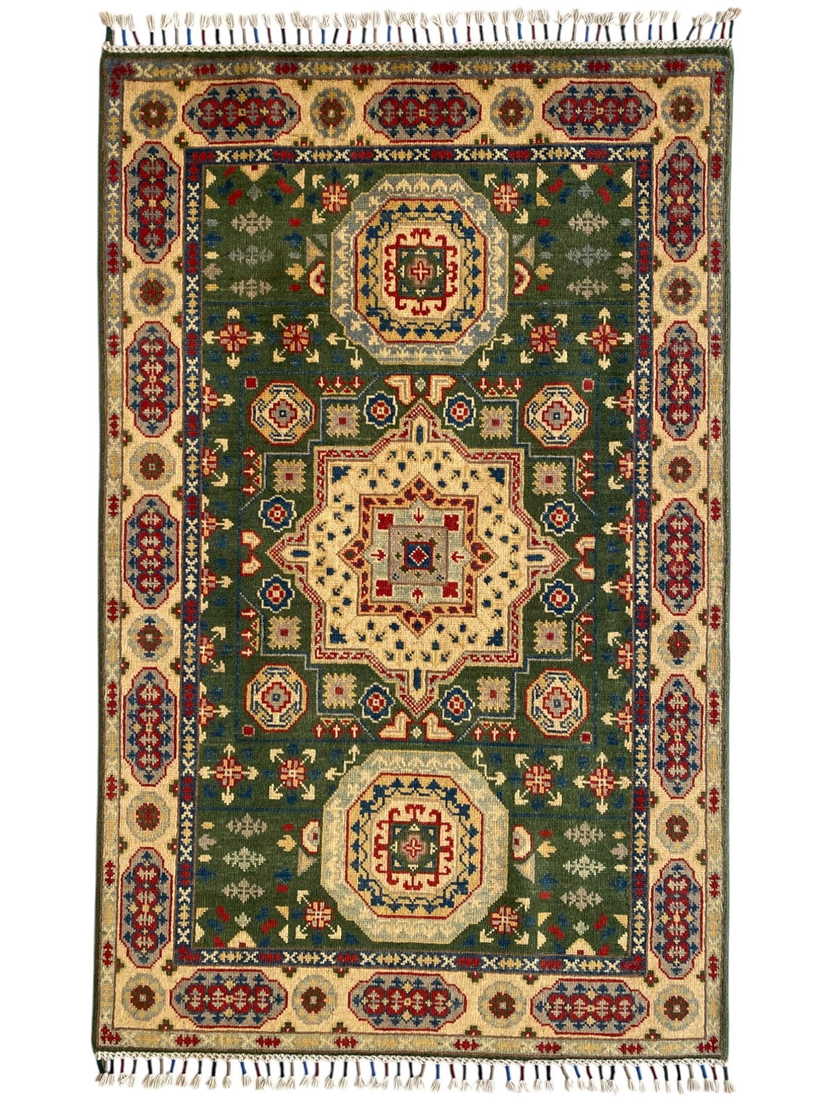 Afghani Rug 4x6 size range tribal Beige Green laid flat