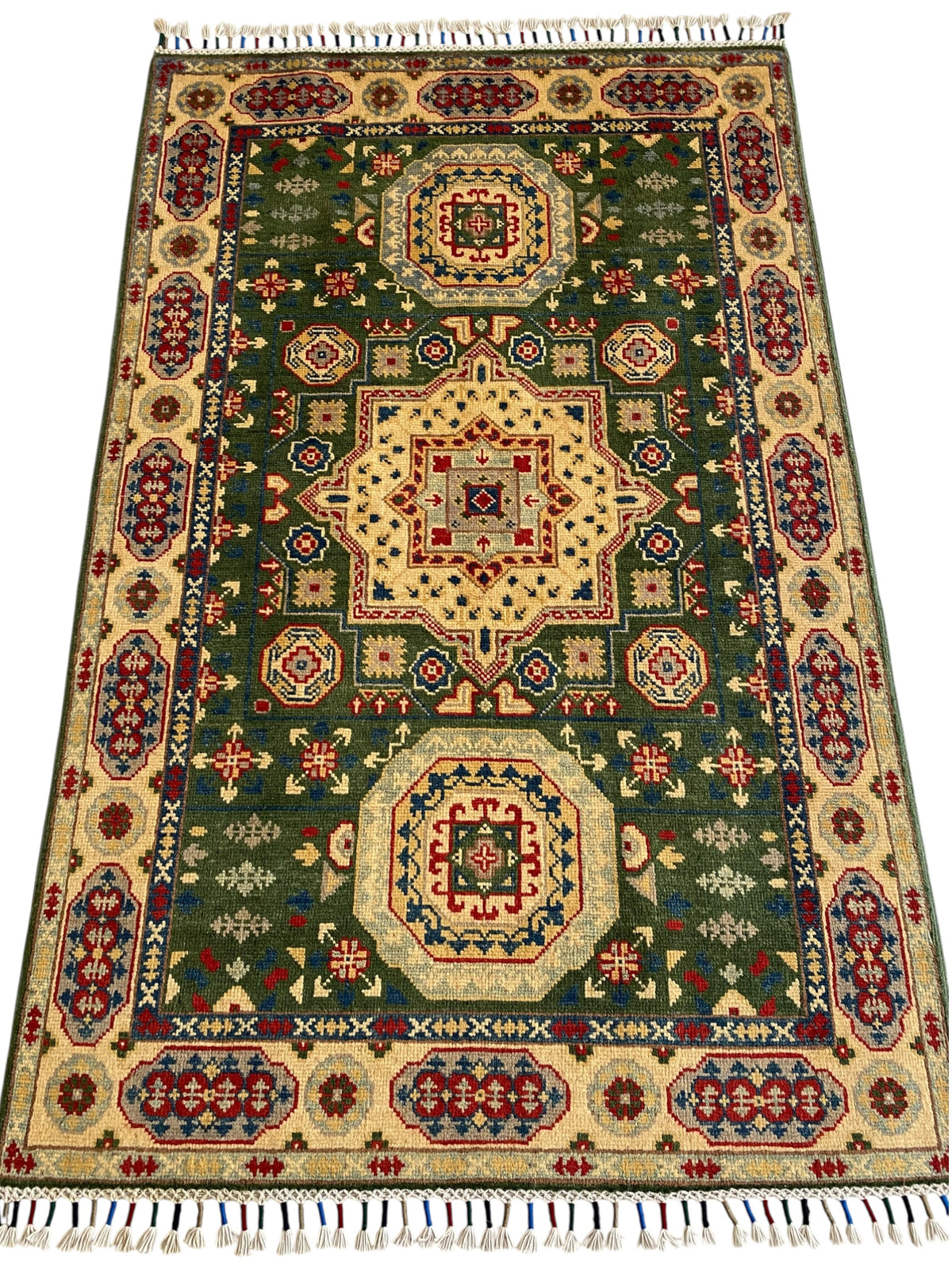 Afghani Rug 4x6 size range tribal Beige Green laid flat