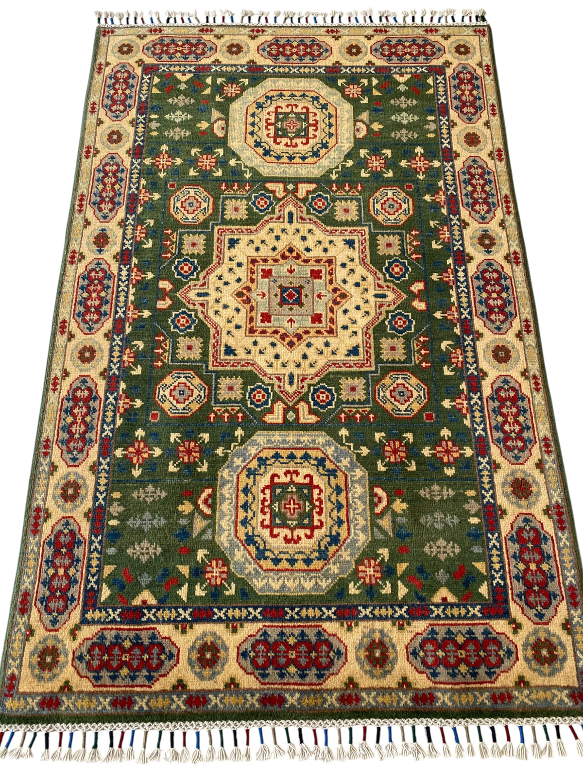 Afghani Rug 4x6 size range tribal Beige Green laid flat