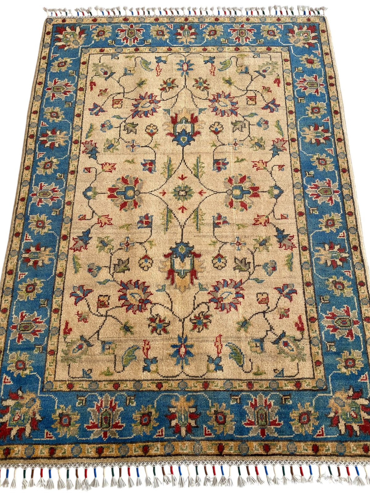 Afghani Rug 4x6 size range tribal Blue Cream laid flat